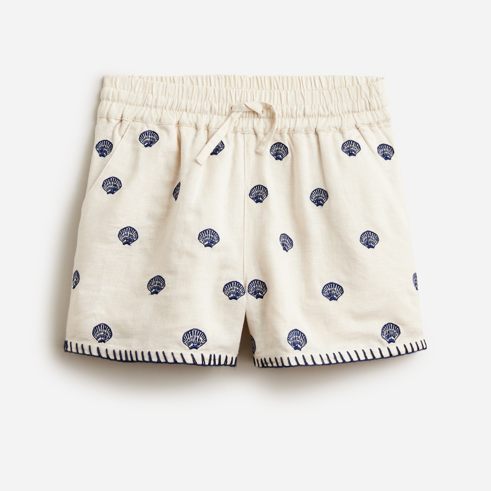 Girls' linen-cotton blend short with embroidered seashells