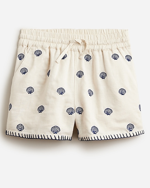  Girls' linen-cotton blend short with embroidered seashells