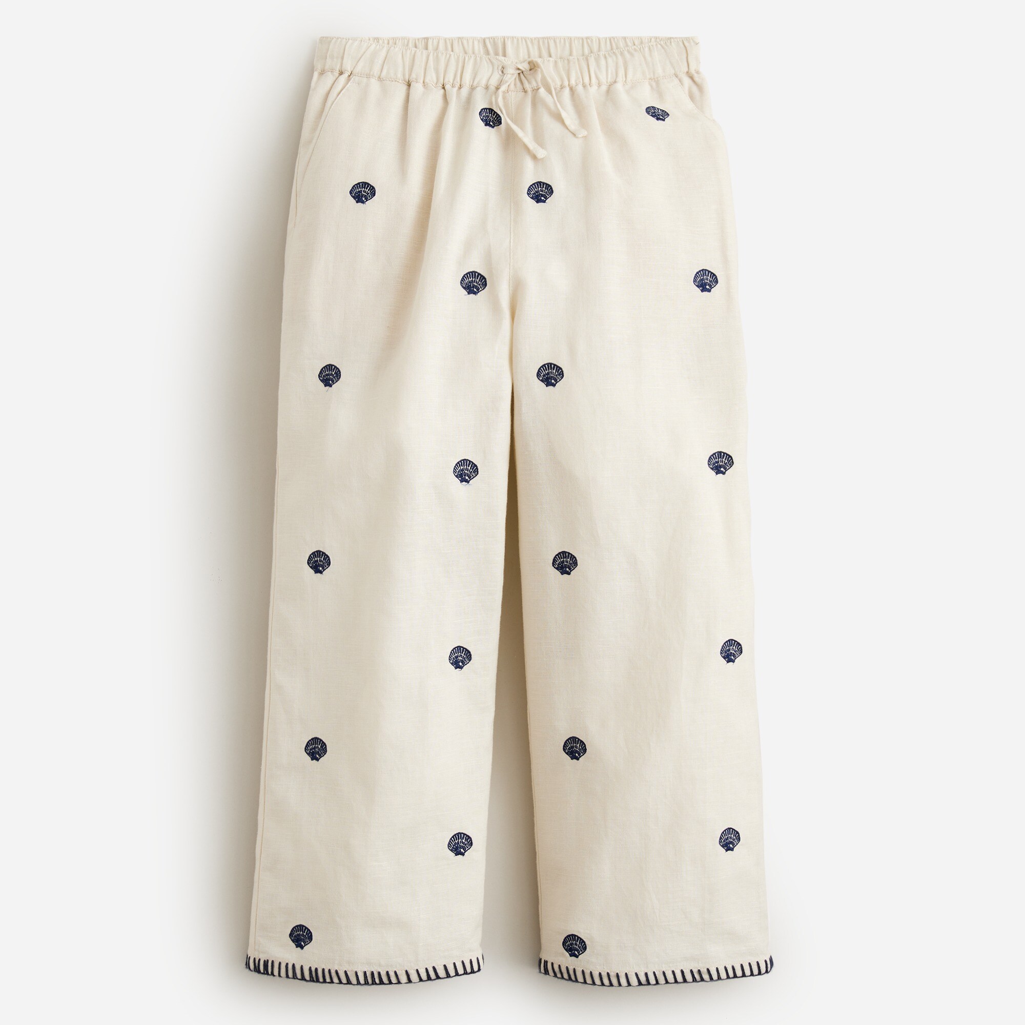 Girls' linen-cotton blend pant with embroidered seashells