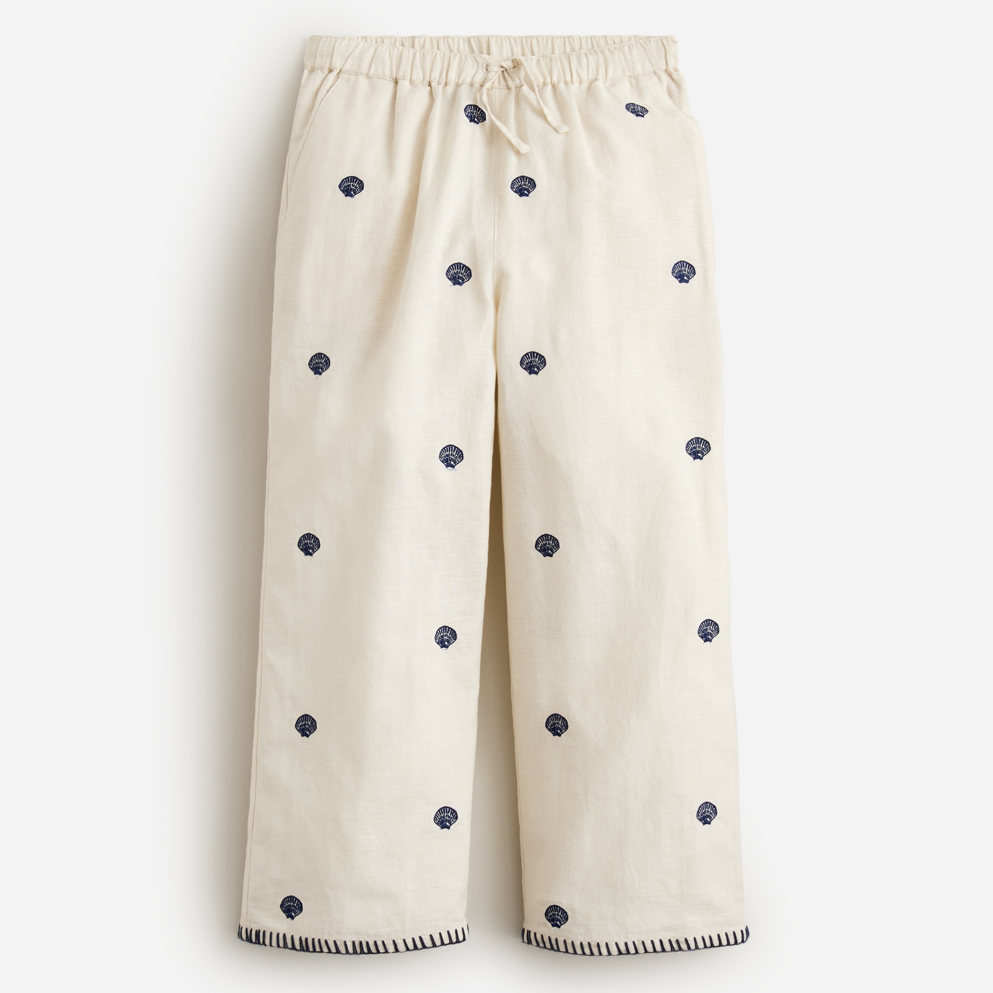  Girls' linen-cotton blend pant with embroidered seashells