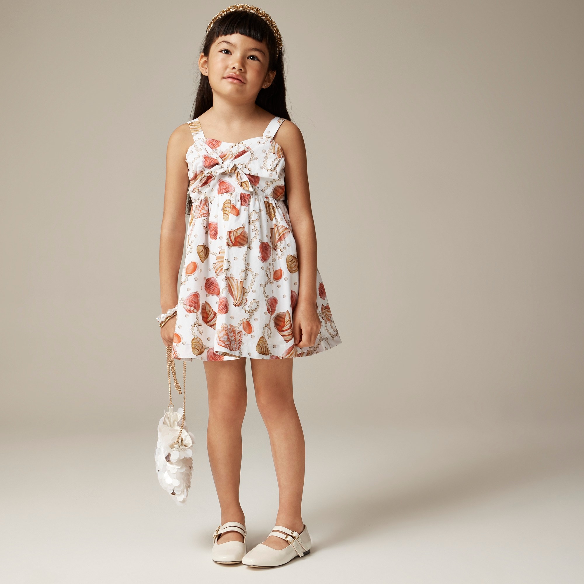 j.crew: girls' bow-front dress in painted seashell print for girls