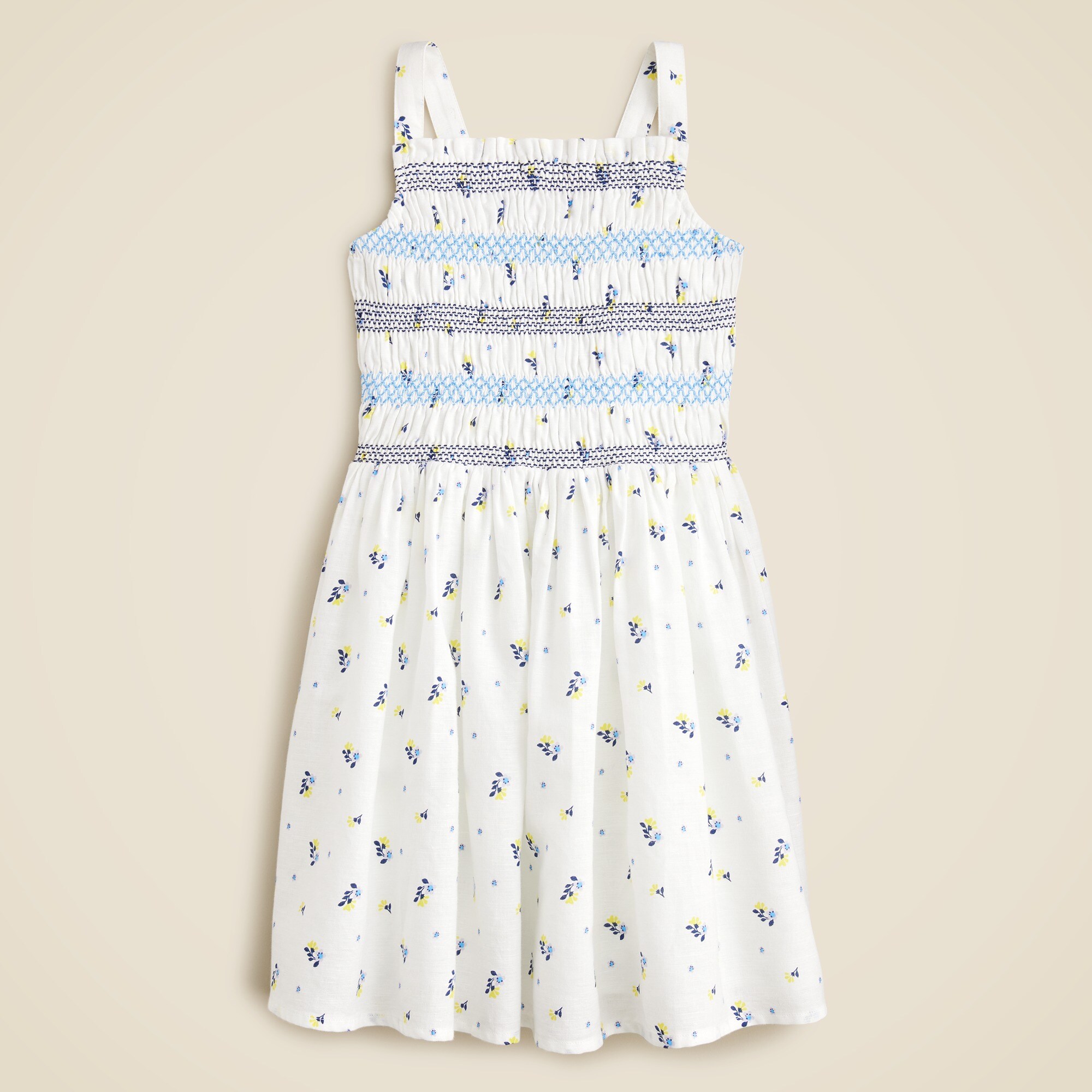 Girls' embroidered smocked dress in floral linen-cotton blend