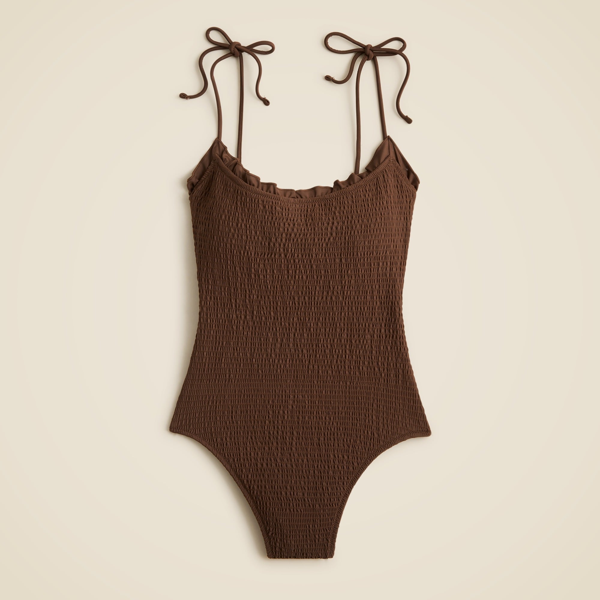 Smocked tie-shoulder one-piece swimsuit
