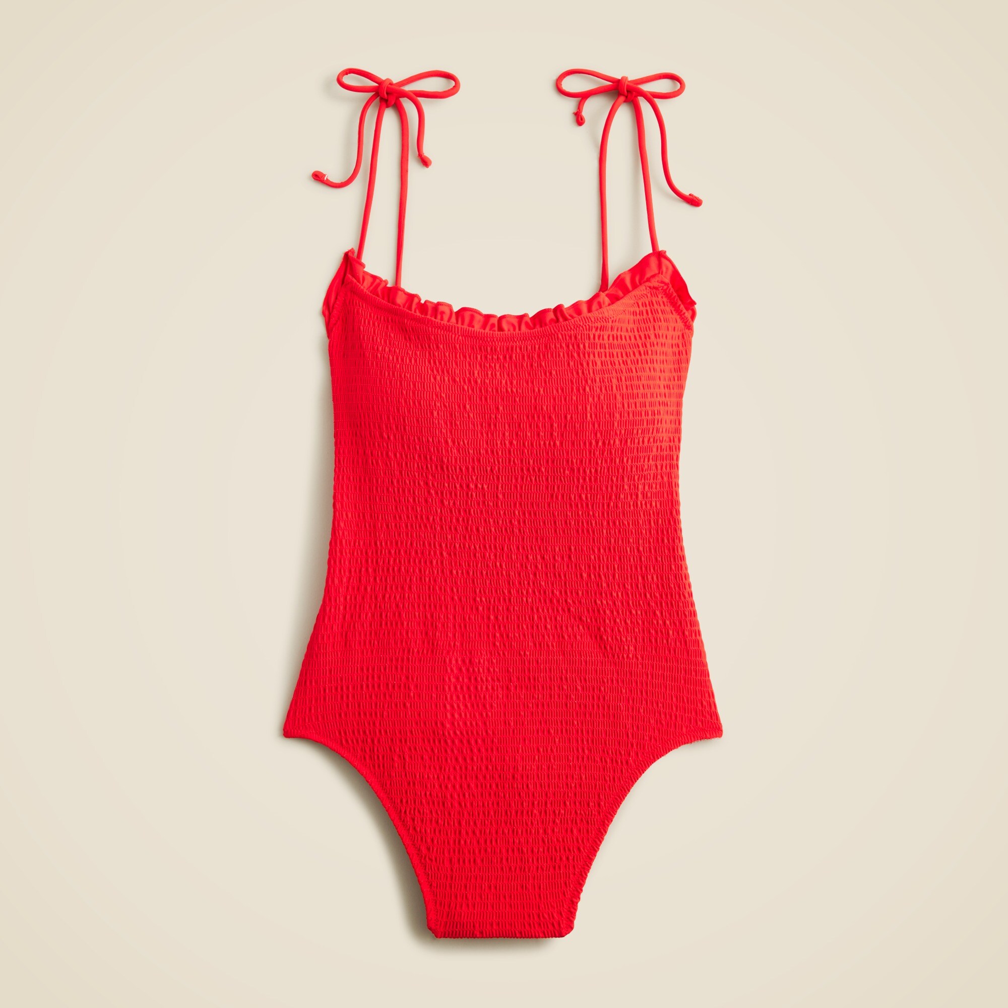 Smocked tie-shoulder one-piece swimsuit
