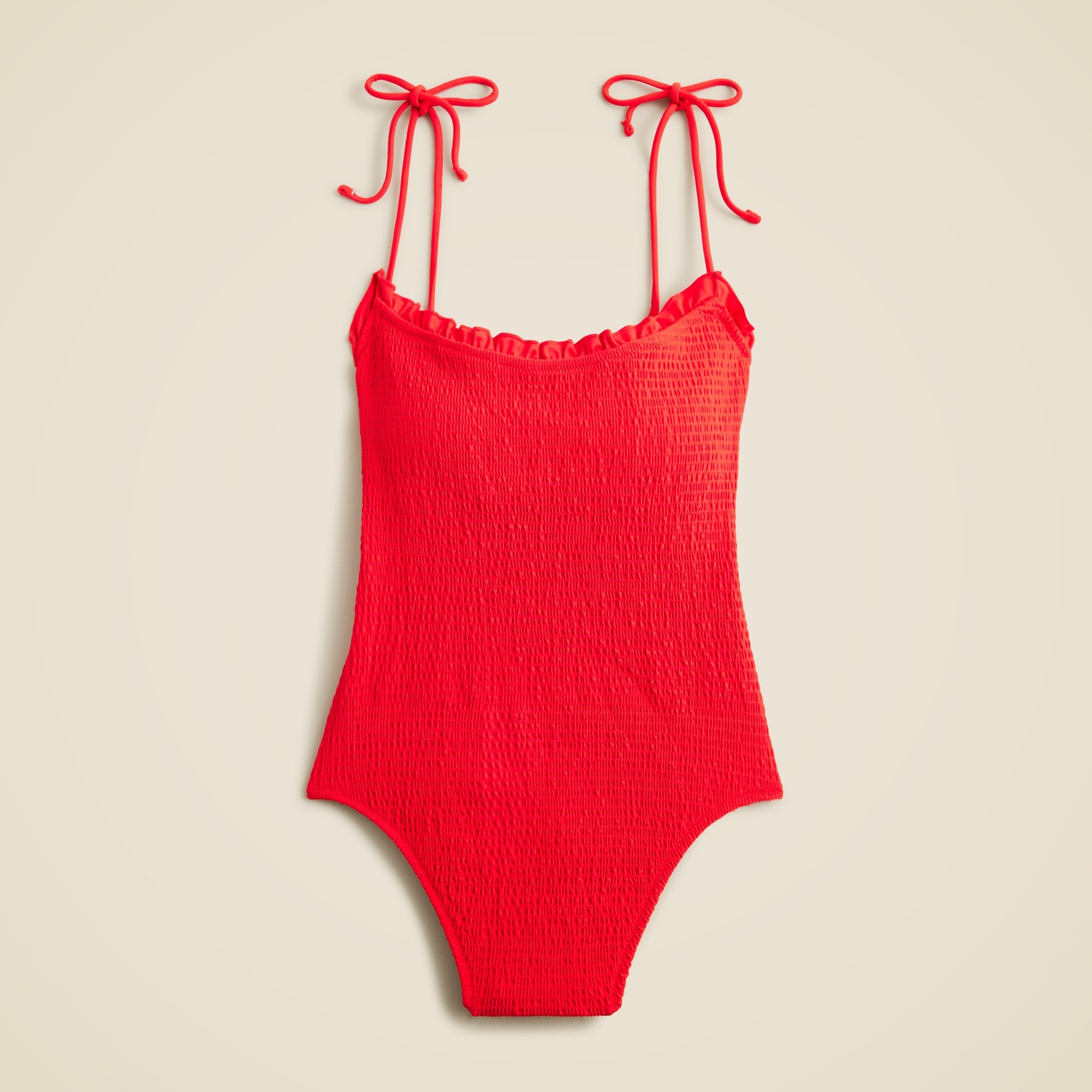 Smocked tie-shoulder one-piece swimsuit