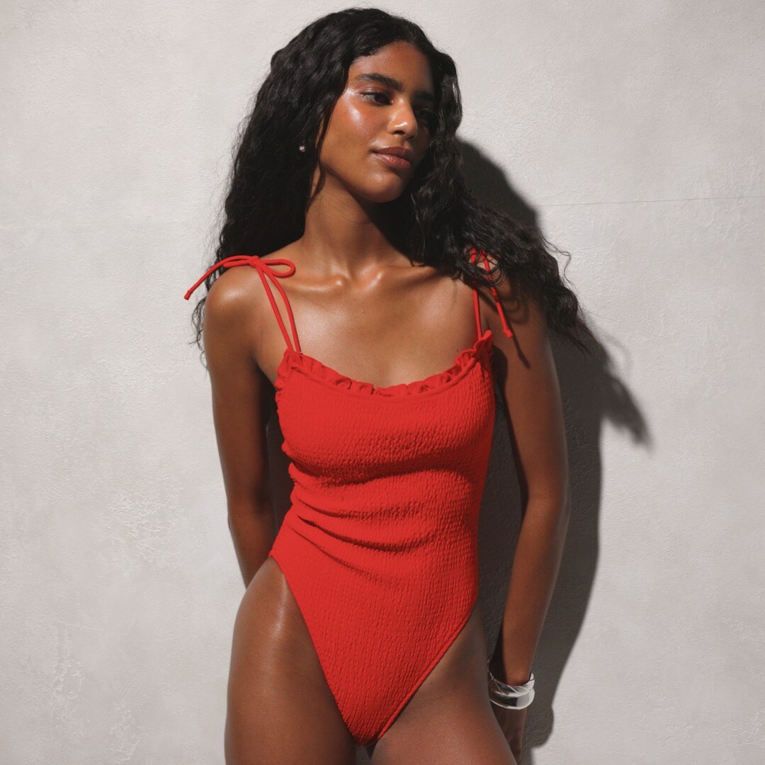 Smocked tie-shoulder one-piece swimsuit