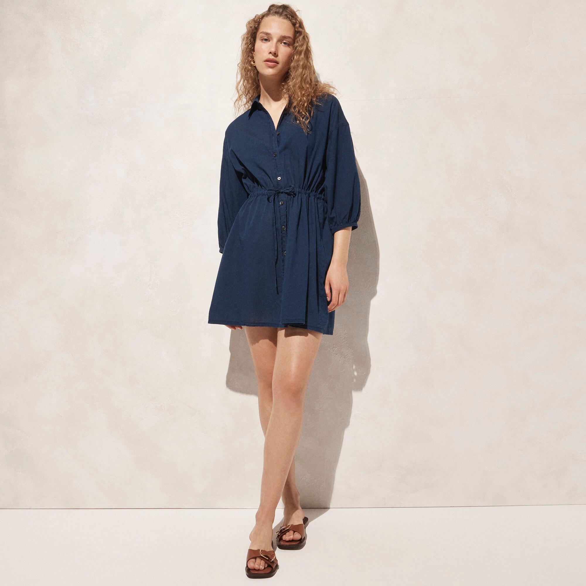 Cinched shirt-dress in indigo cotton voile