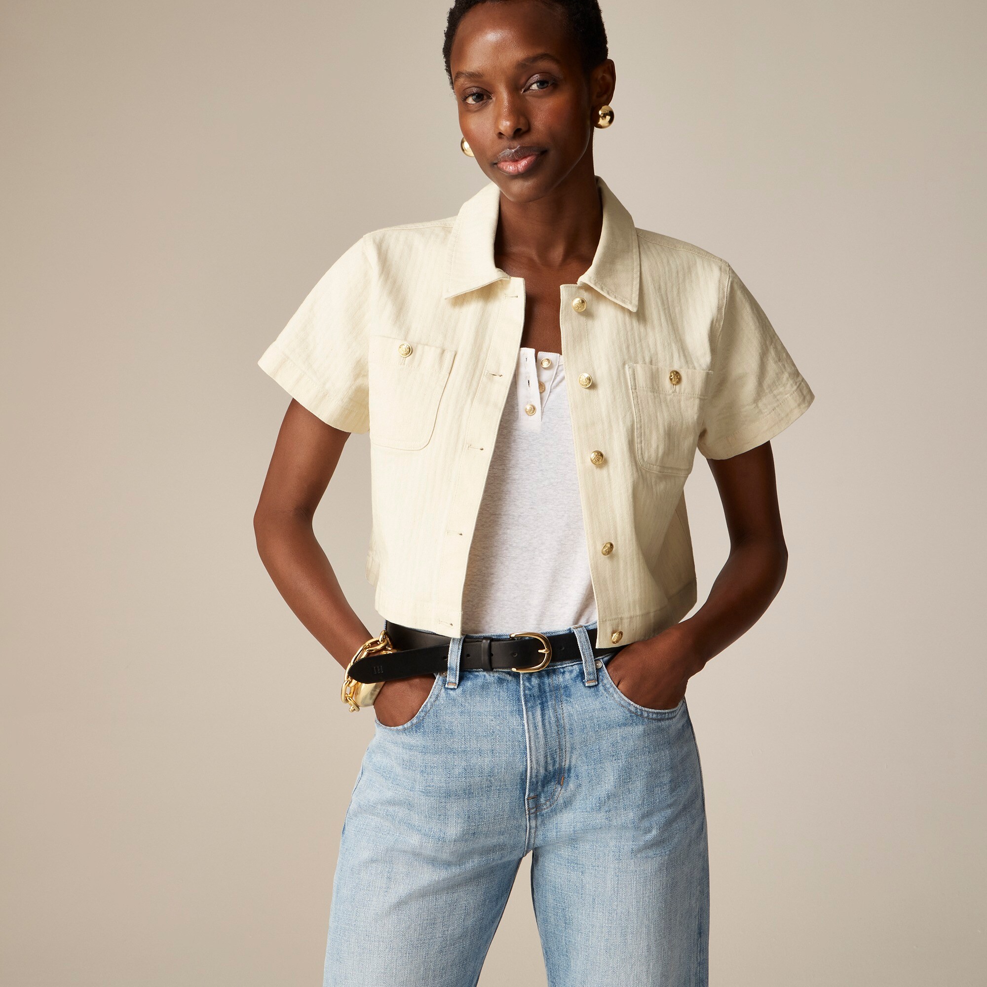 Denim button-up top in ecru