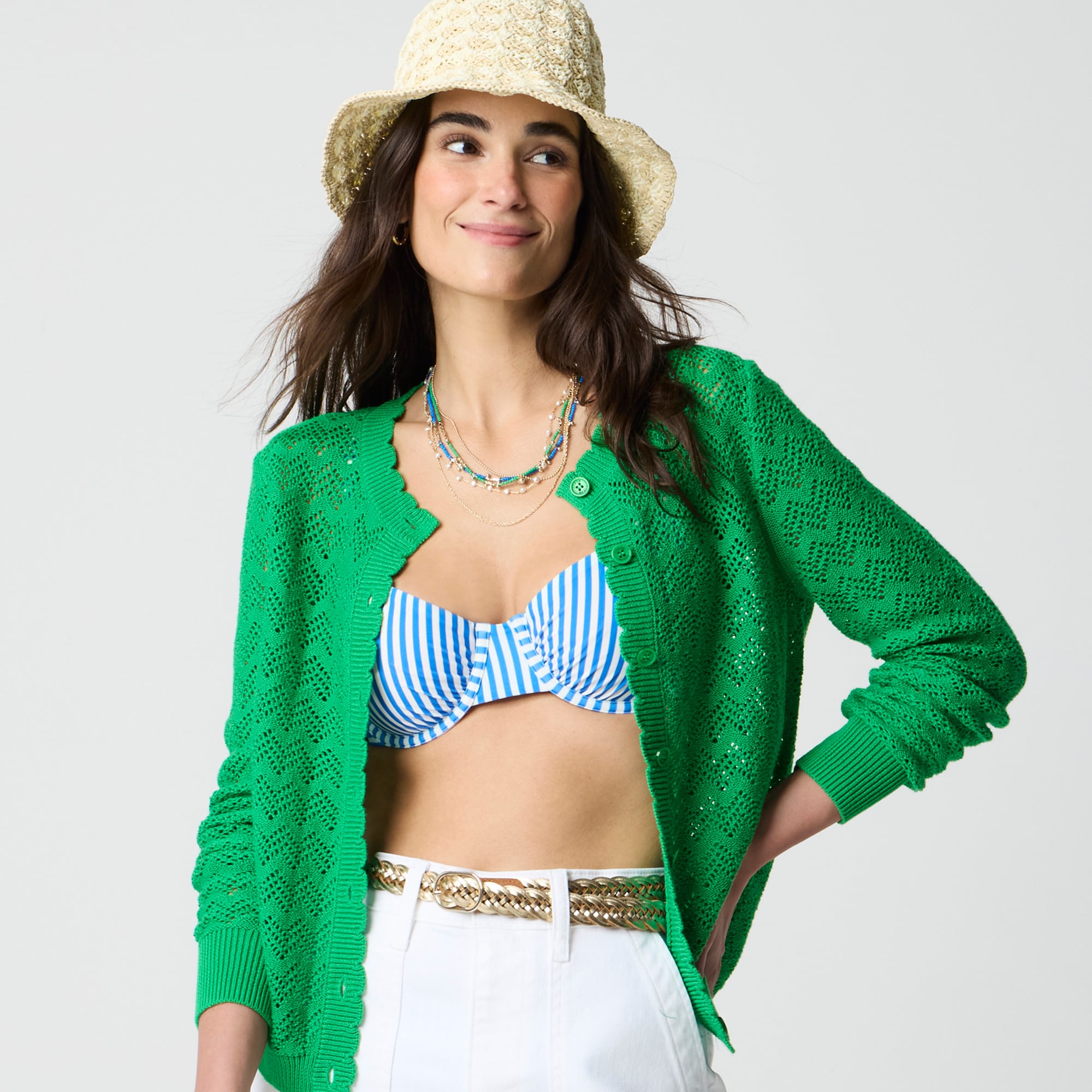 womens Scalloped pointelle cardigan sweater