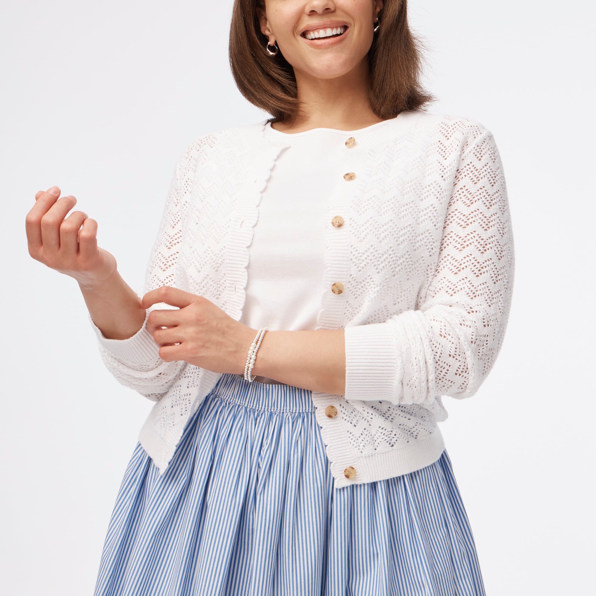 Scalloped pointelle cardigan sweater