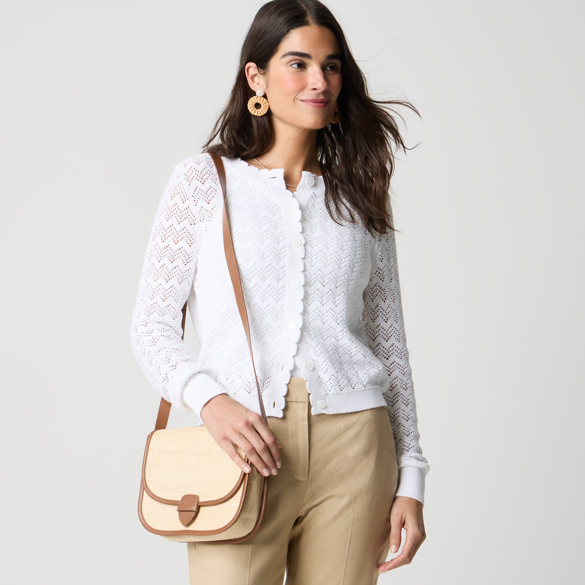 Scalloped pointelle cardigan sweater