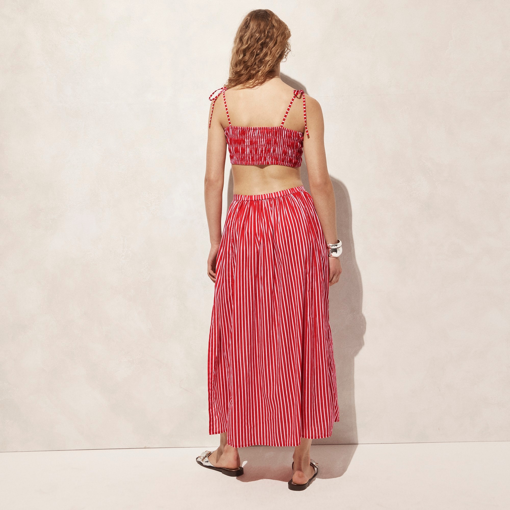 Smocked tie-shoulder top in striped cotton voile
