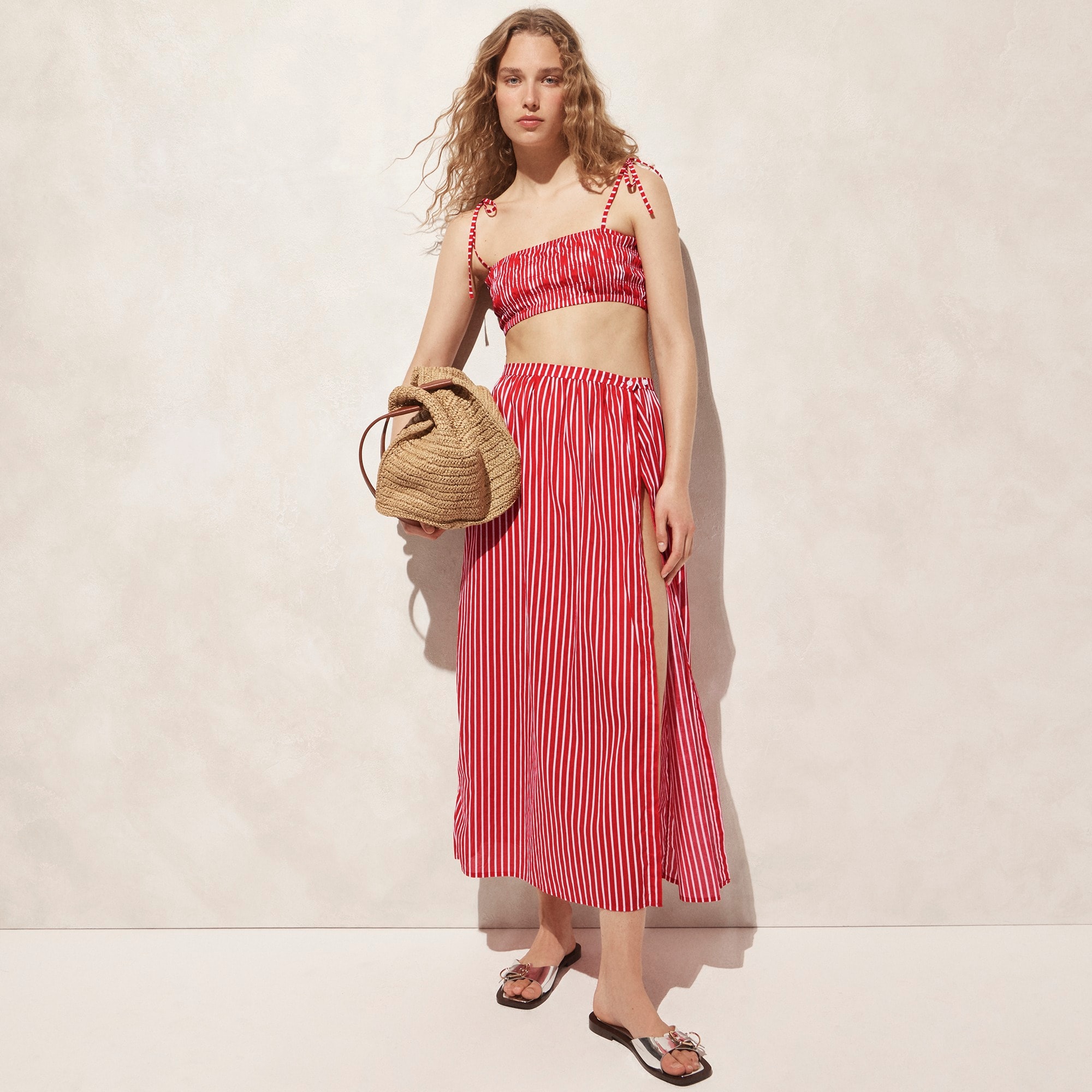 Smocked tie-shoulder top in striped cotton voile
