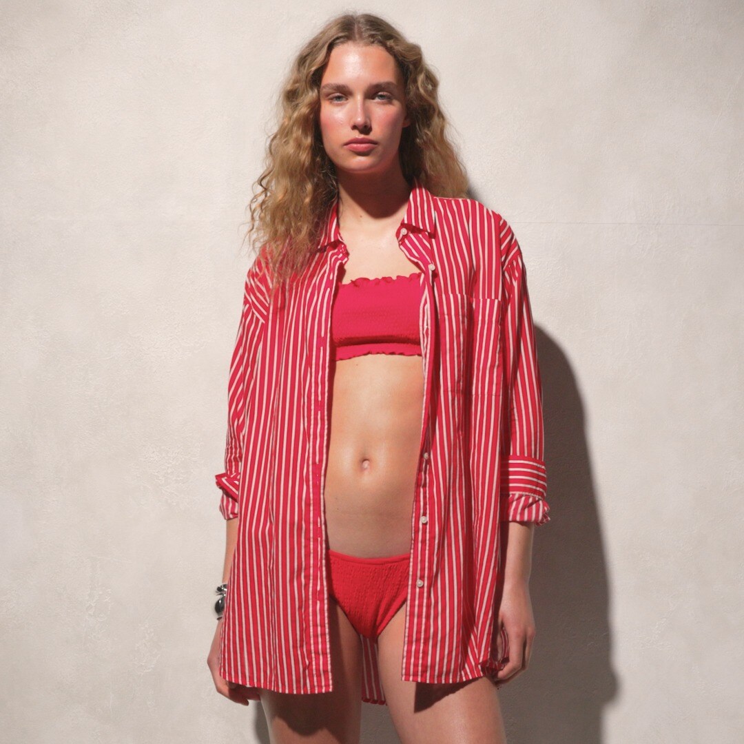 Smocked tie-shoulder top in striped cotton voile