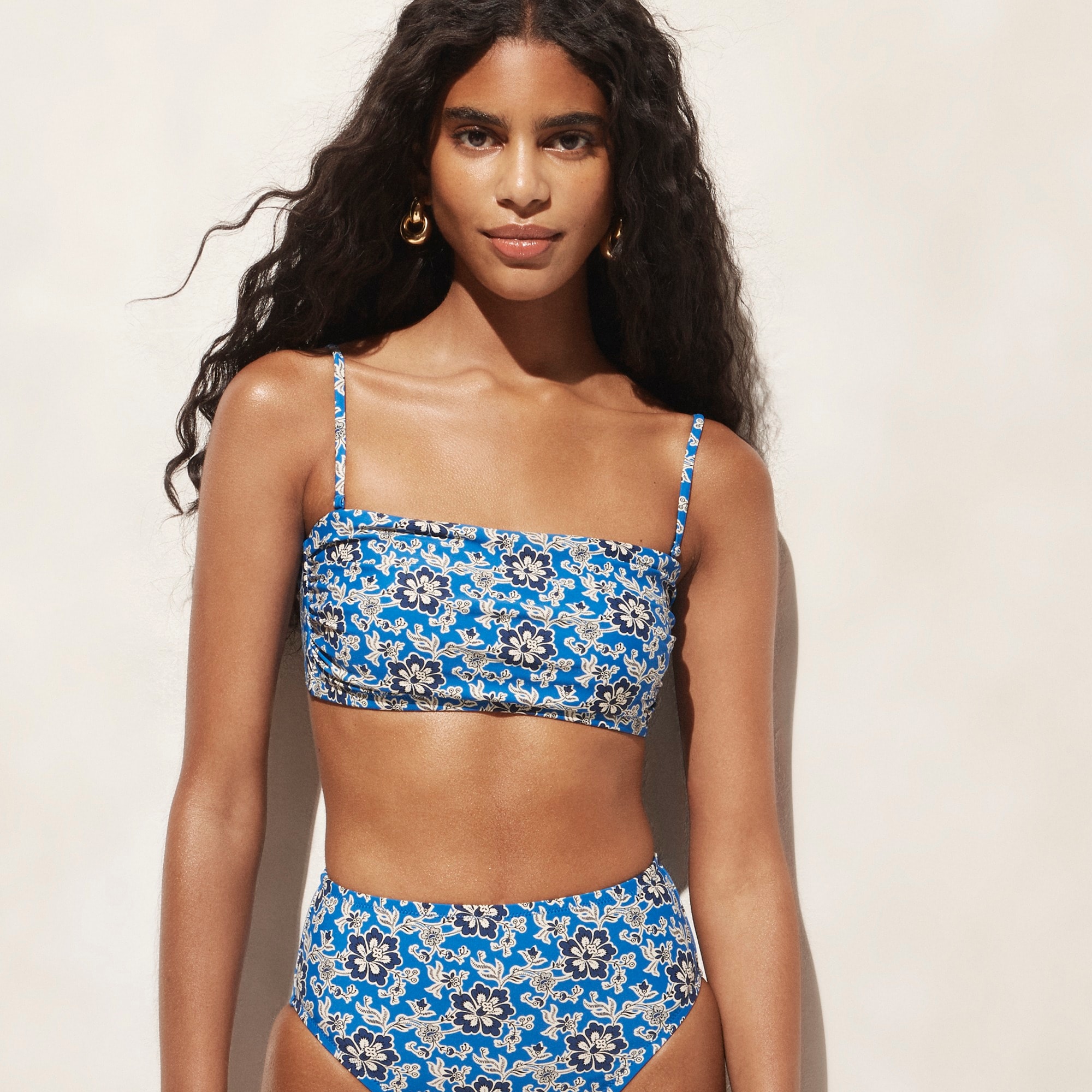  Ruched bandeau bikini top in cobalt floral