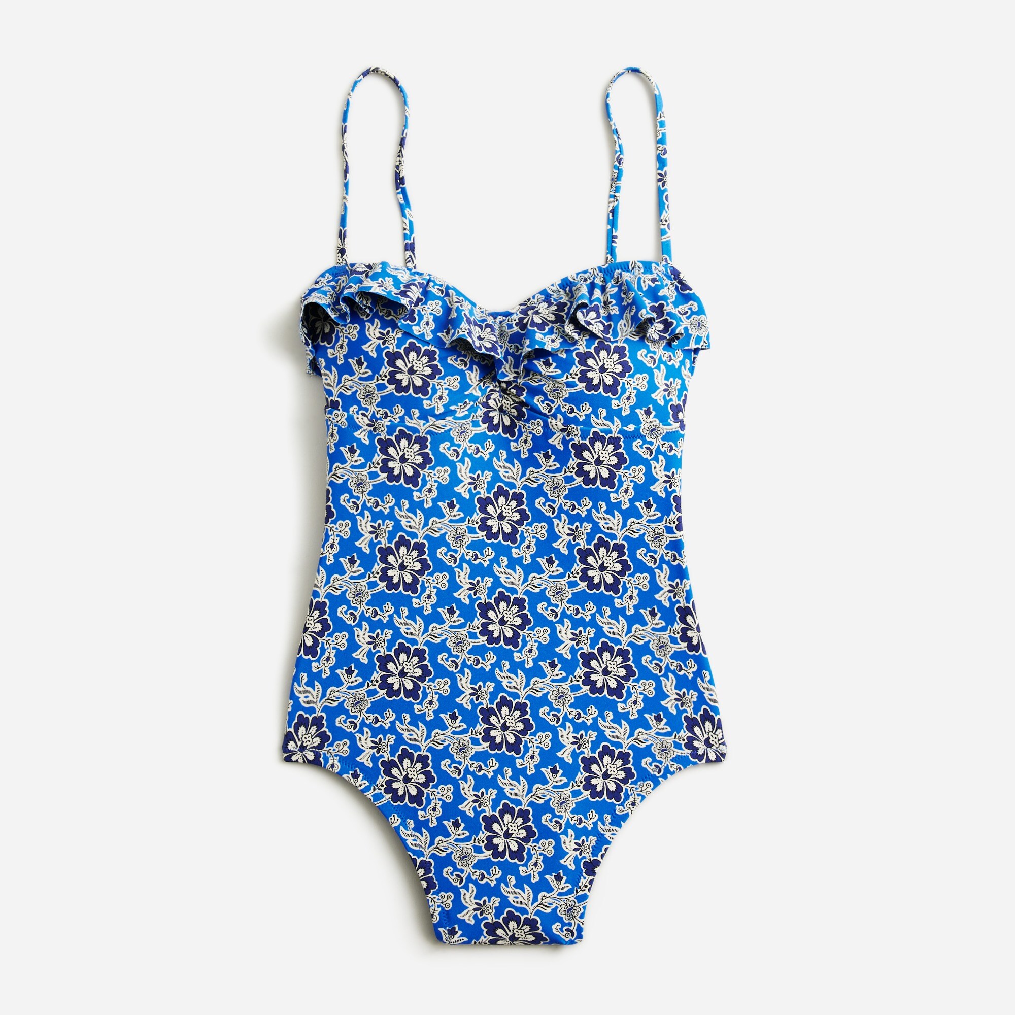 womens Ruffle one-piece swimsuit in cobalt floral