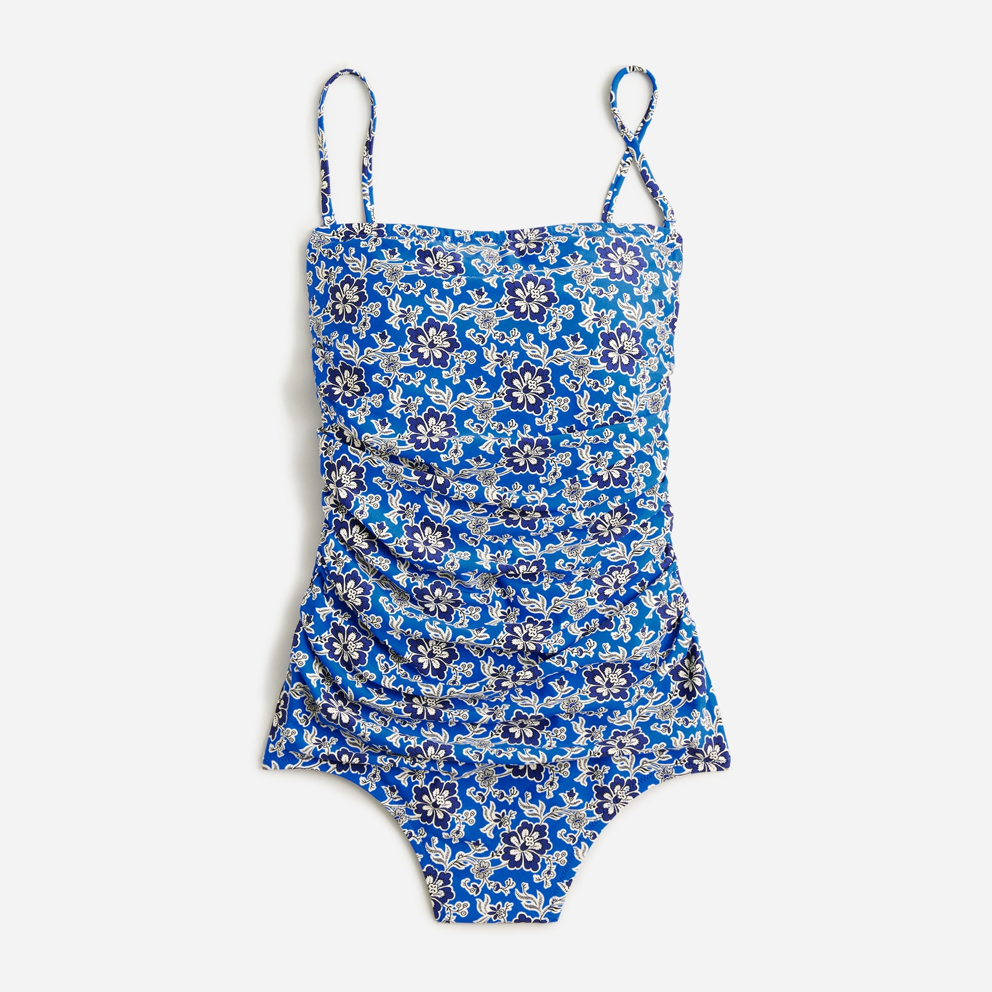  Ruched bandeau one-piece swimsuit in cobalt floral