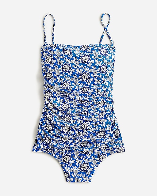 womens Ruched bandeau one-piece swimsuit in cobalt floral
