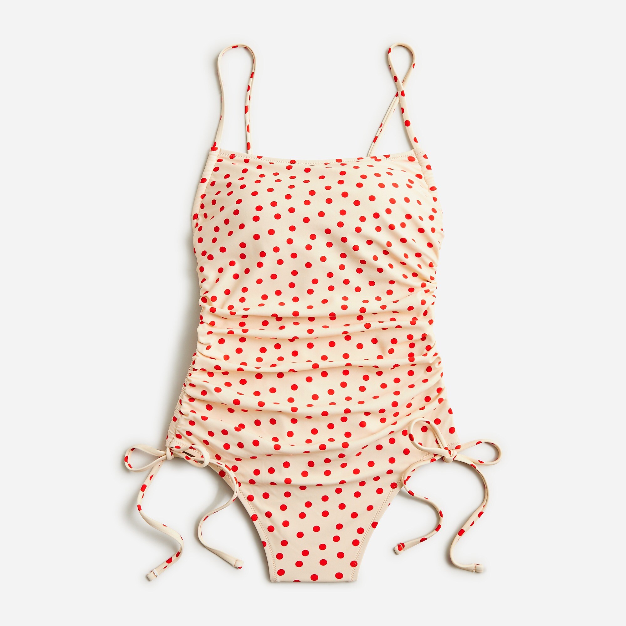 Ruched squareneck one-piece swimsuit in red dot print