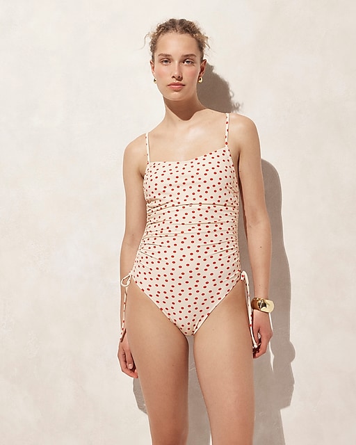  Ruched squareneck one-piece swimsuit in red dot print