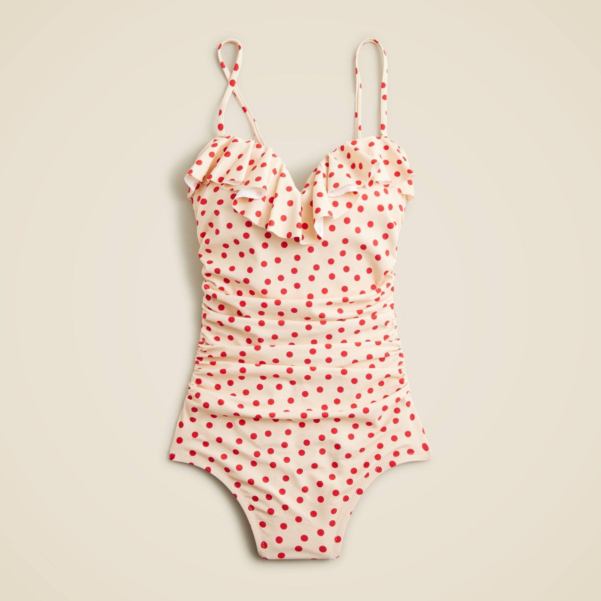 Ruched one-piece swimsuit with ruffles in red dot print