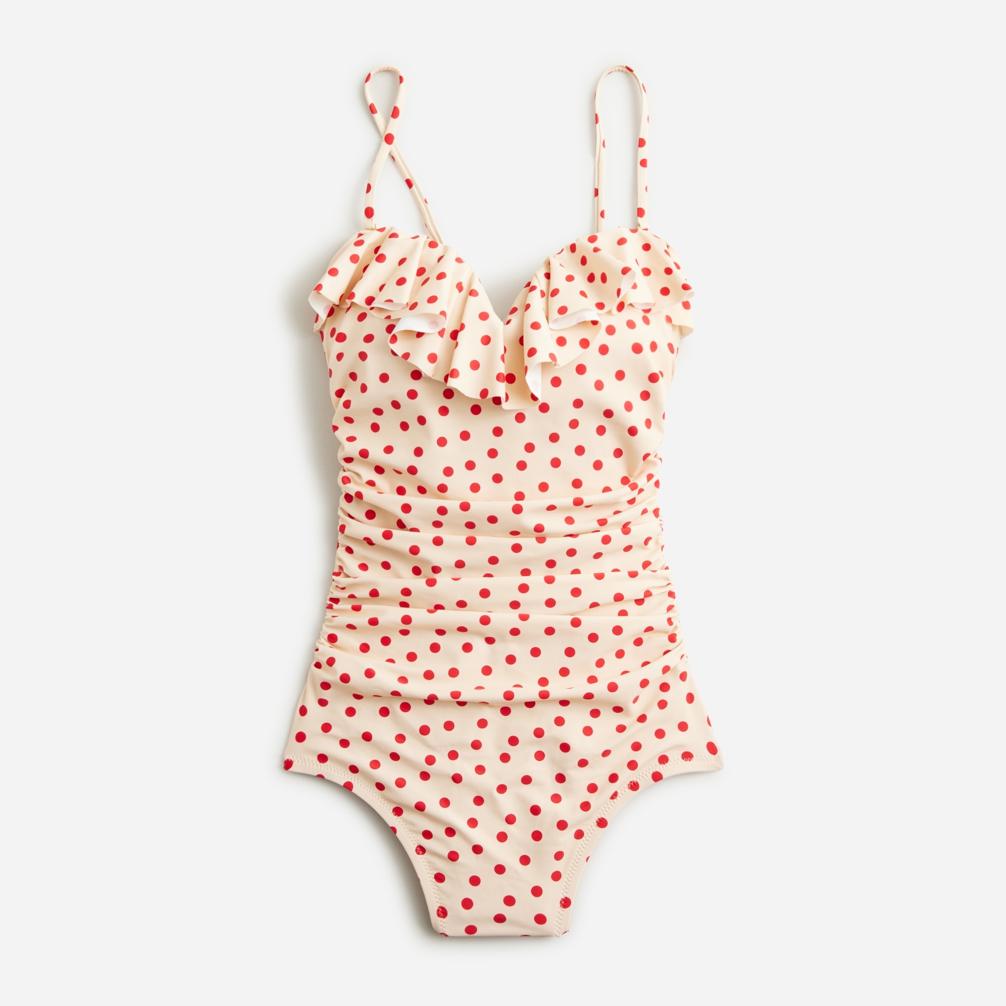  Ruched one-piece swimsuit with ruffles in red dot print