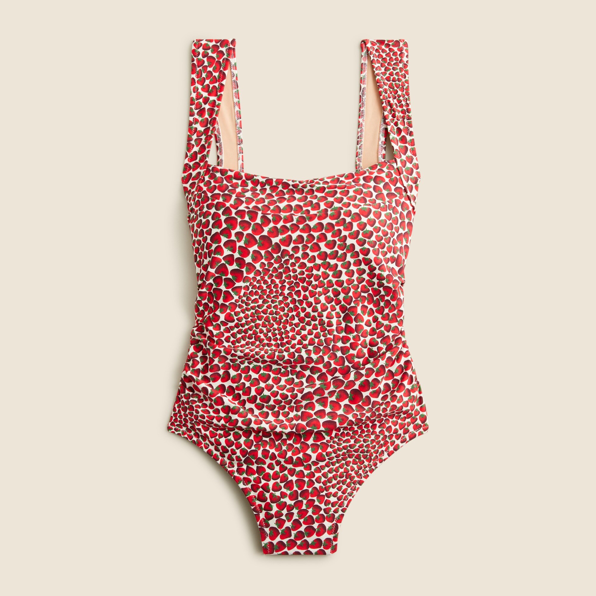 Ruched squareneck one-piece swimsuit in strawberry swirl print