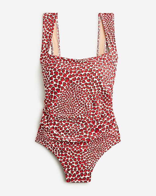  Ruched squareneck one-piece swimsuit in strawberry swirl print