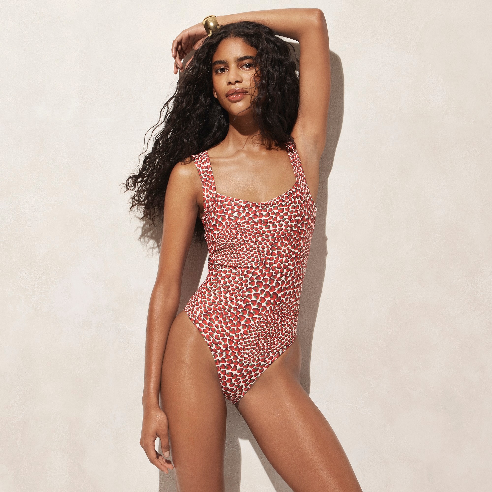  Long-torso ruched squareneck one-piece swimsuit in strawberry swirl print