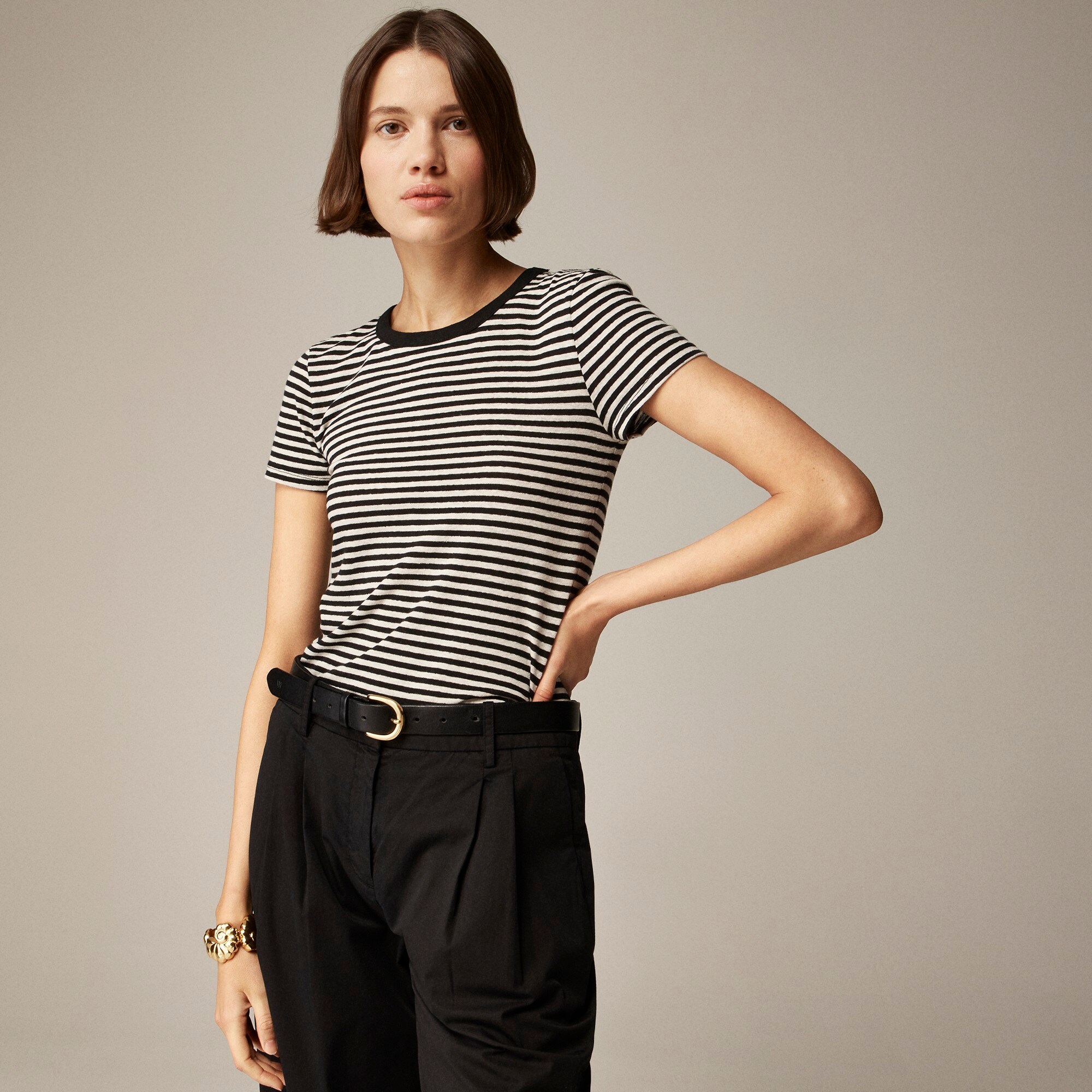 Stretch linen-blend crewneck T-shirt in stripe