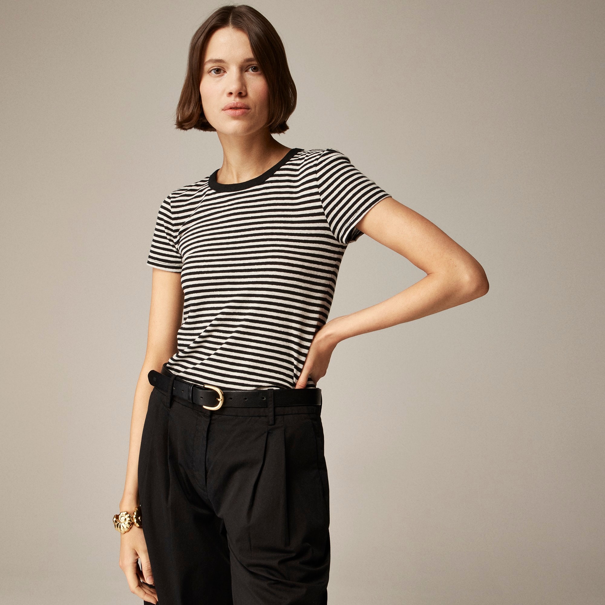  Stretch linen-blend crewneck T-shirt in stripe