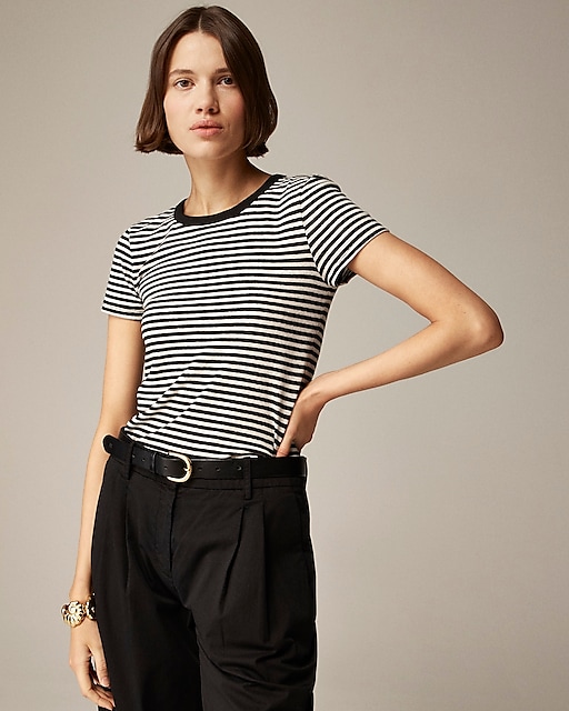 womens Stretch linen-blend crewneck T-shirt in stripe