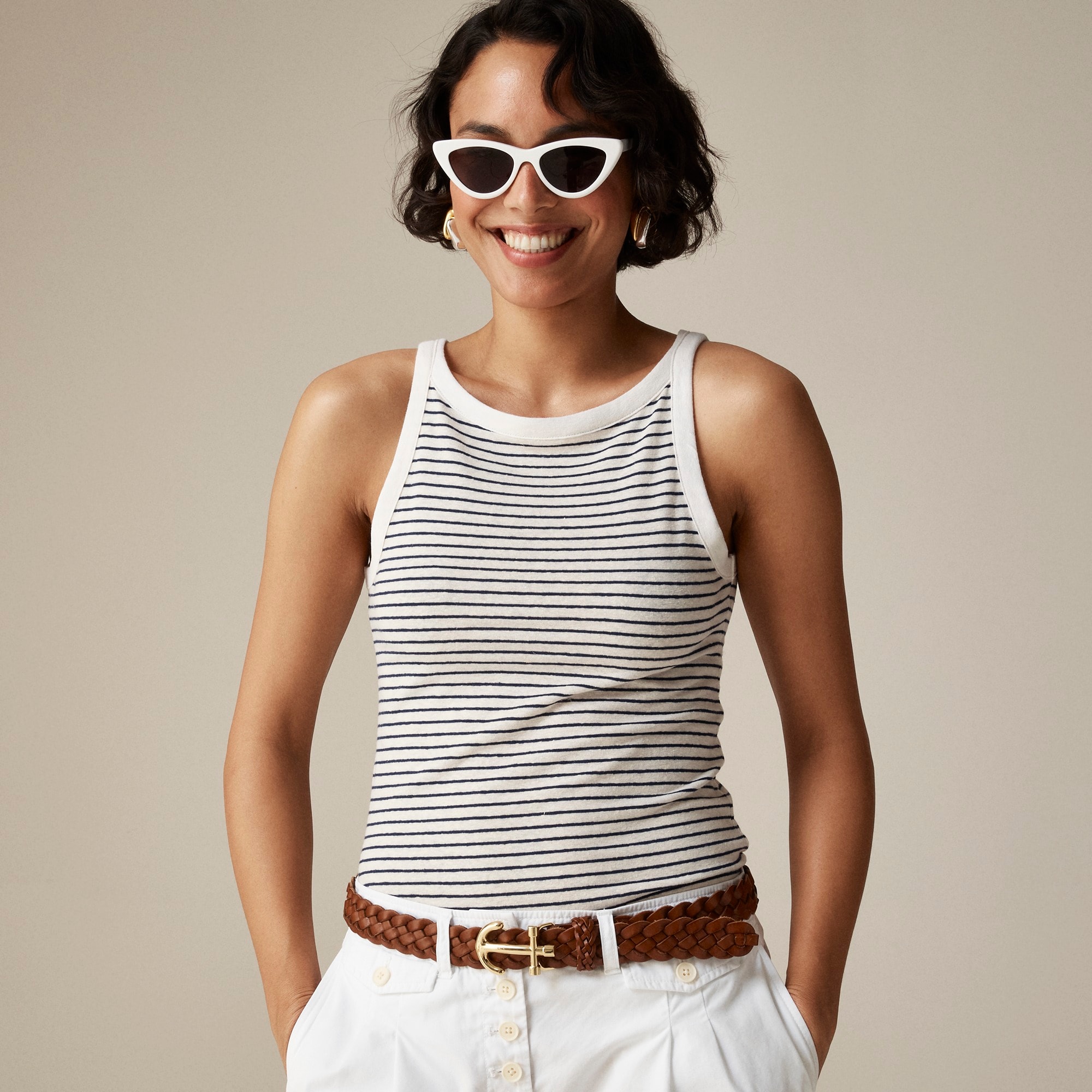 High-neck tank top in striped stretch linen blend