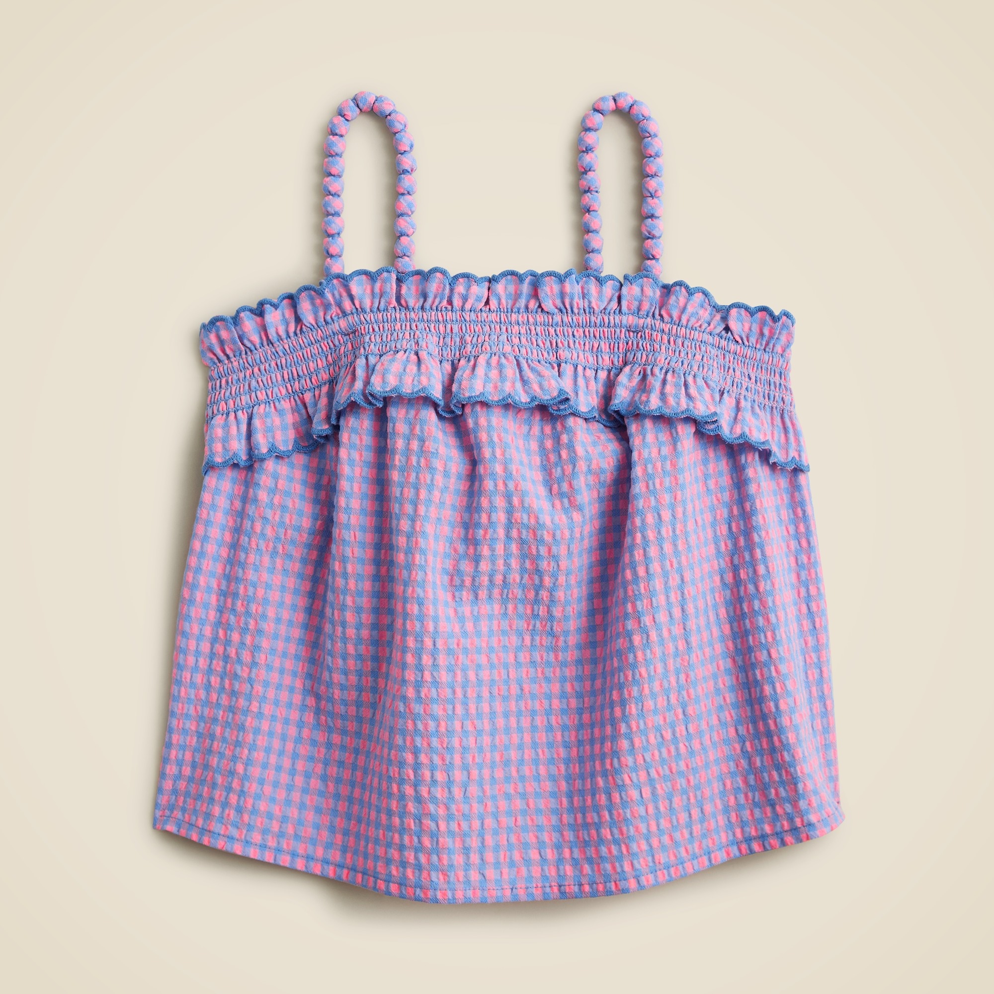 Girls' scalloped-trim tank top in crinkle gingham