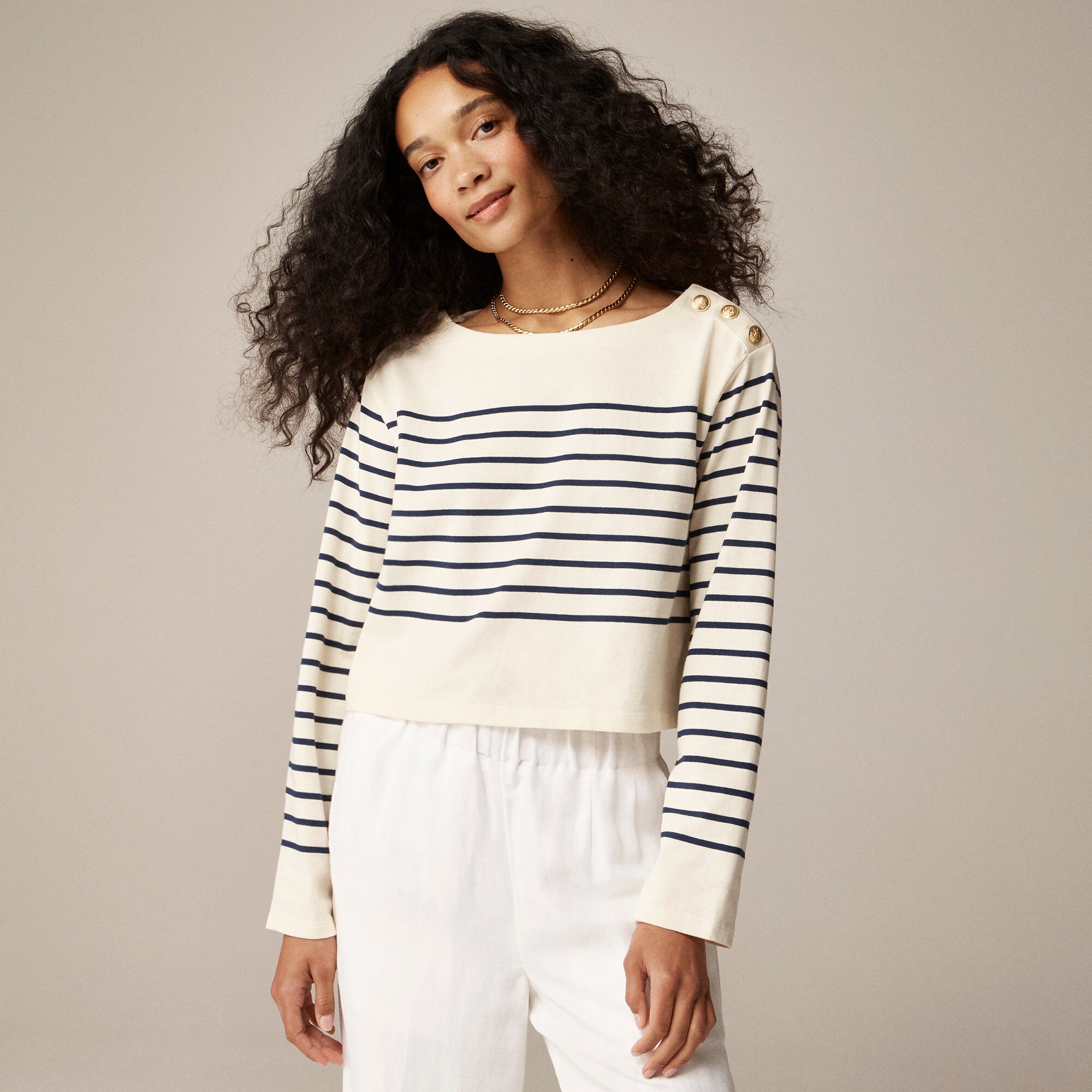 Cropped boatneck T-shirt with buttons in mariner cotton