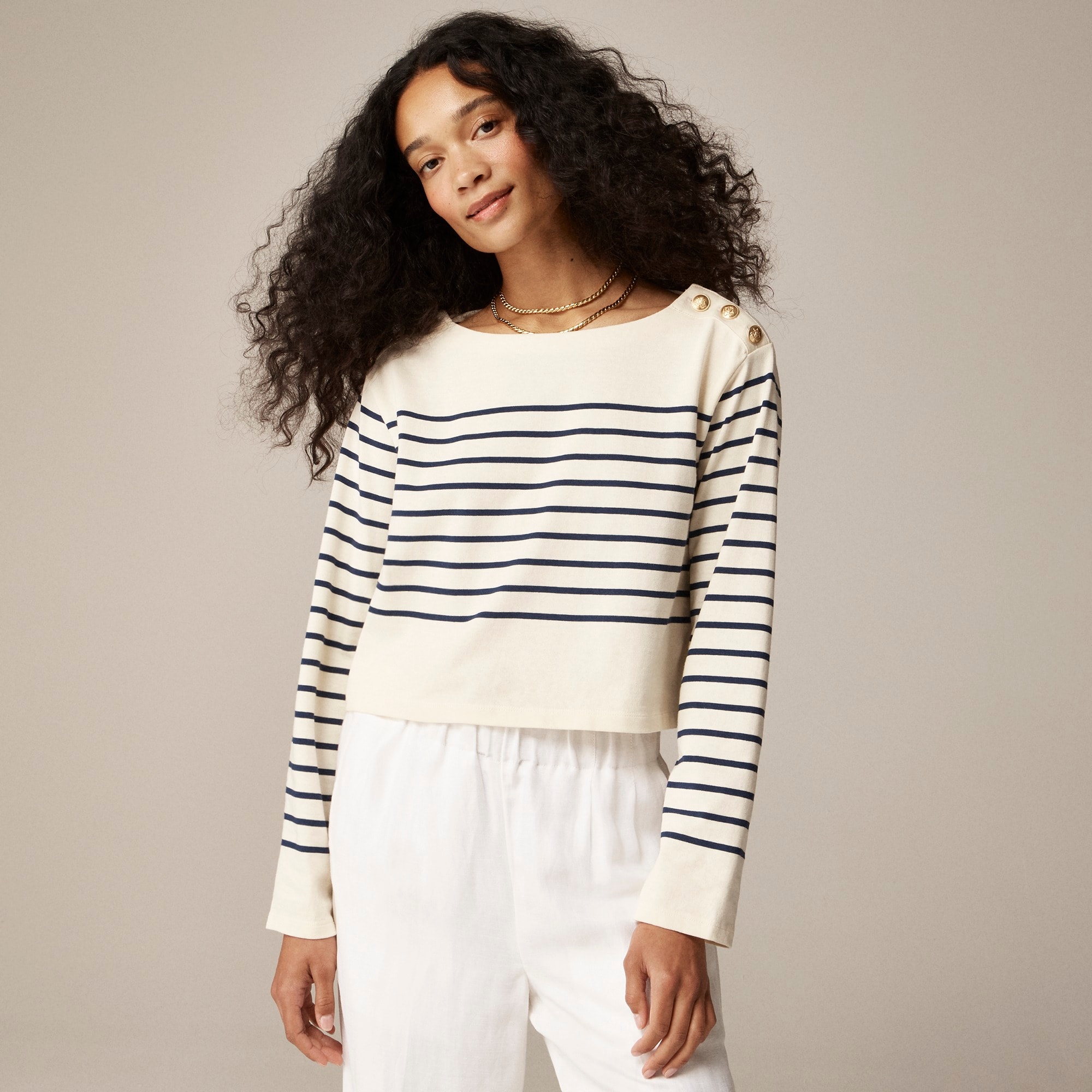 Cropped boatneck T-shirt with buttons in mariner cotton