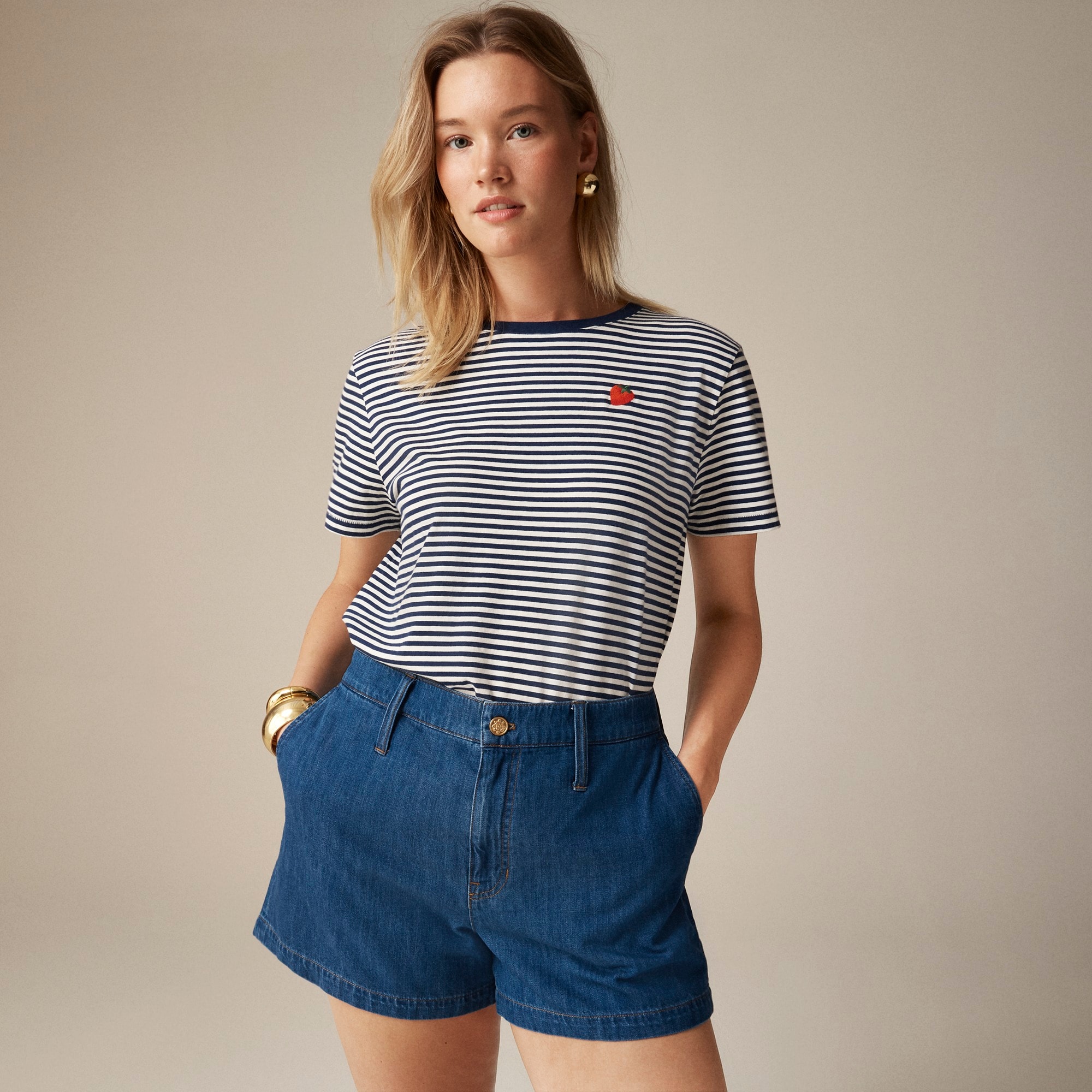 j.crew: classic-fit embroidered strawberry t-shirt in stripe for women