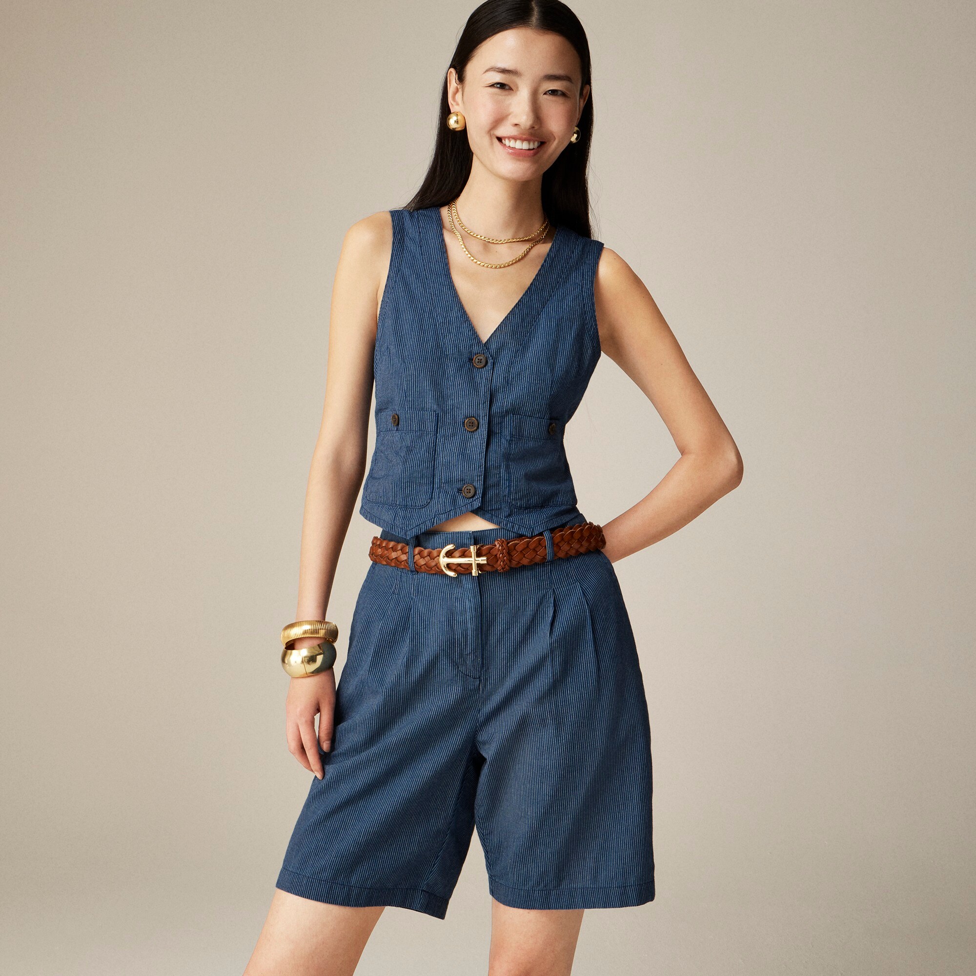 Patch-pocket vest in indigo stripe