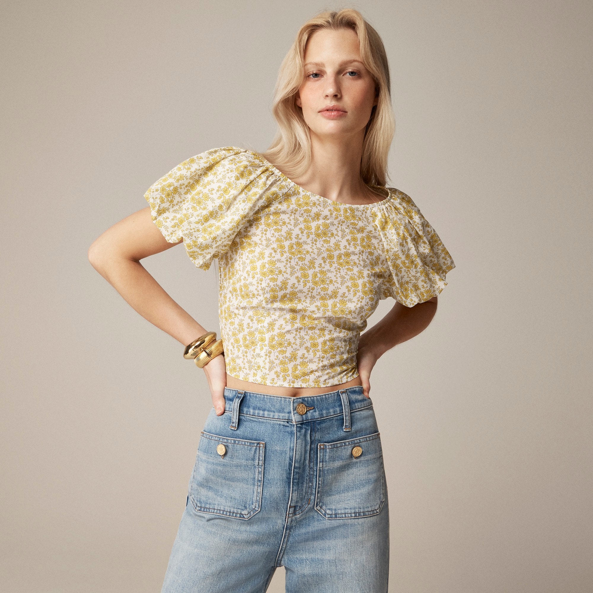 womens Fitted puff-sleeve top in Liberty&trade; Capel fabric