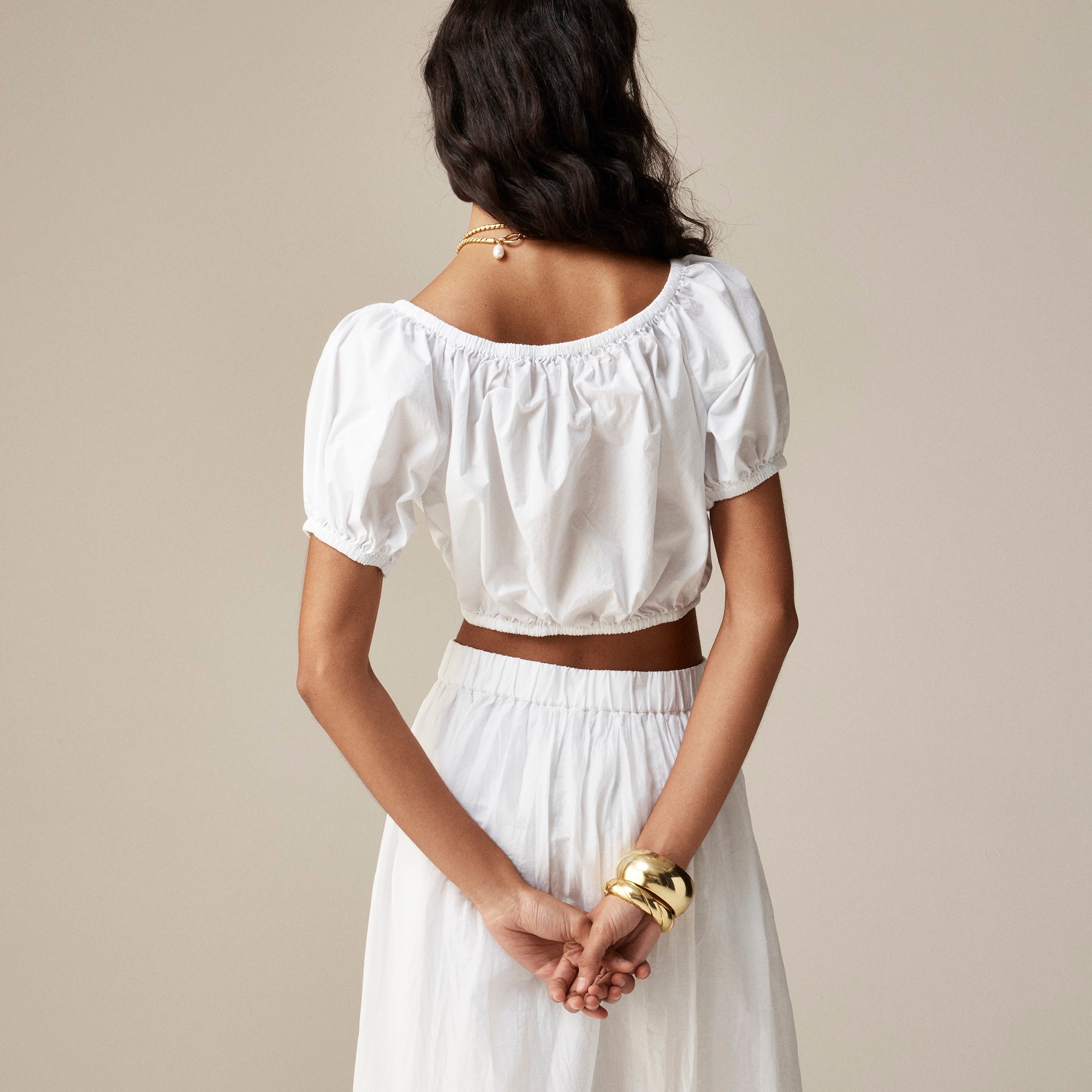 Cinched-waist cropped top in cotton poplin