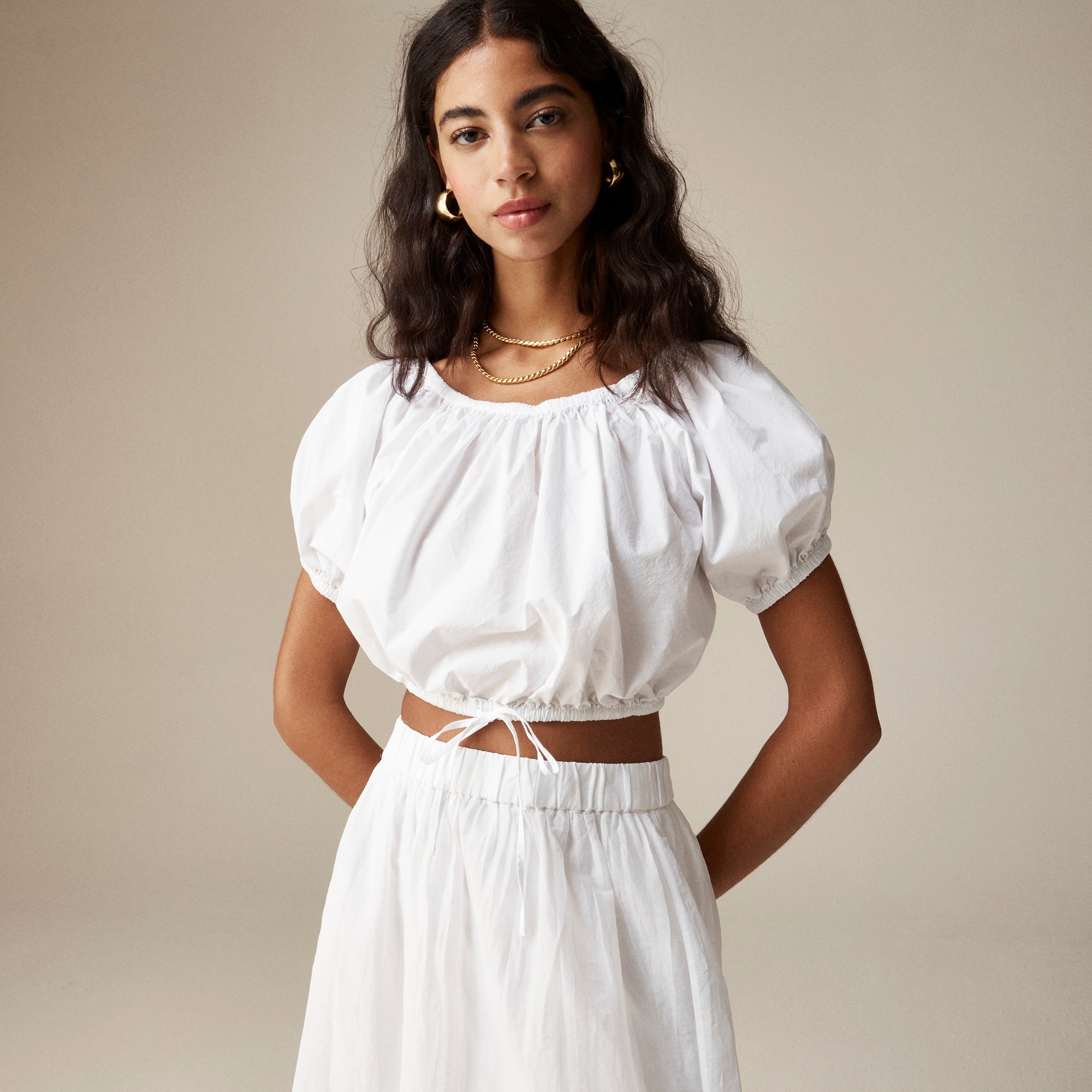 Cinched-waist cropped top in cotton poplin