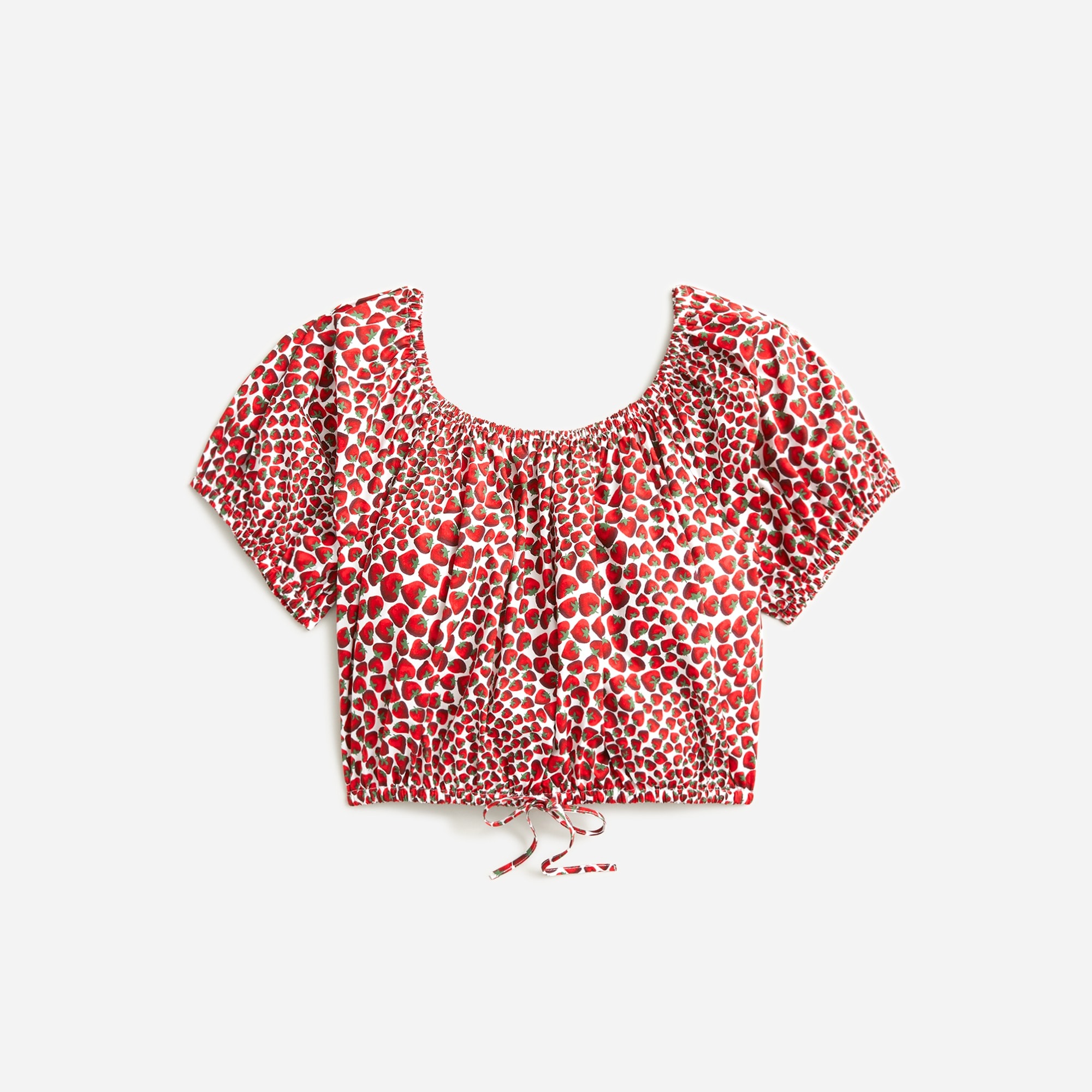 womens Cinched-waist cropped top in strawberry swirl cotton poplin