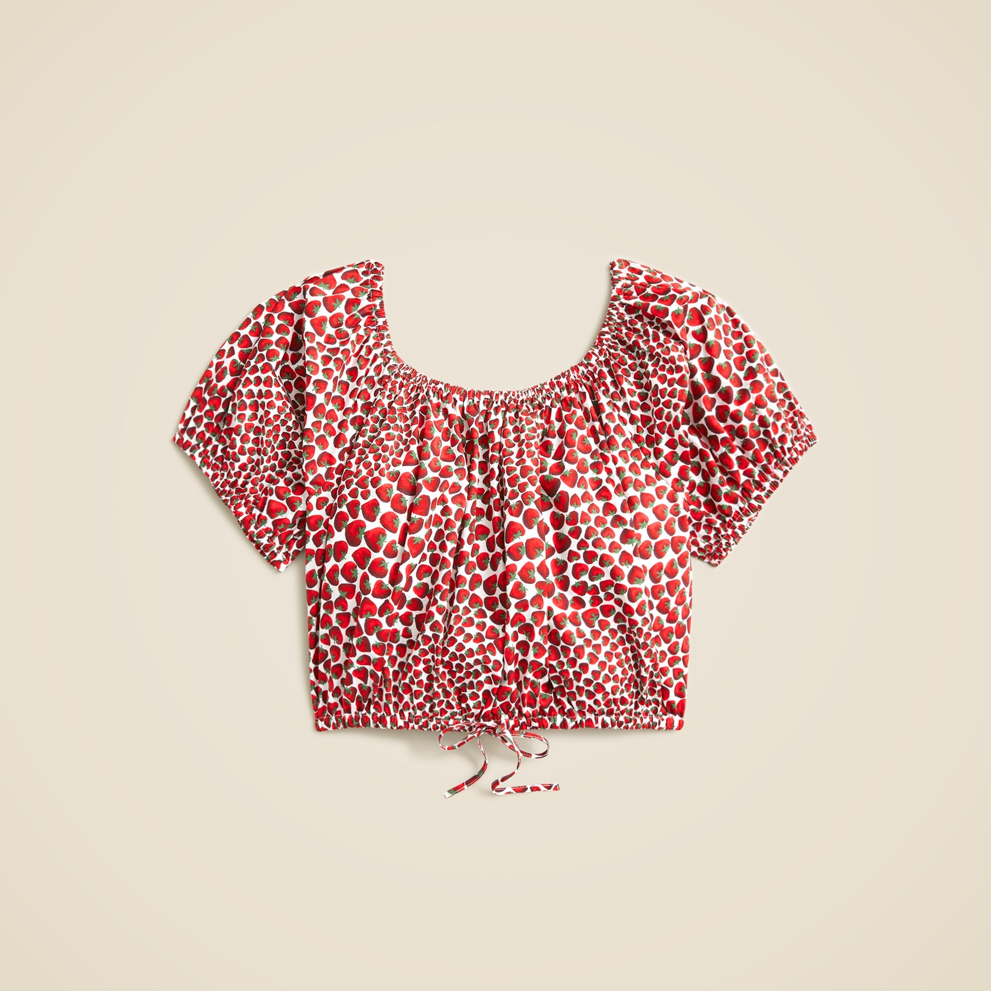  Cinched-waist cropped top in strawberry swirl cotton poplin