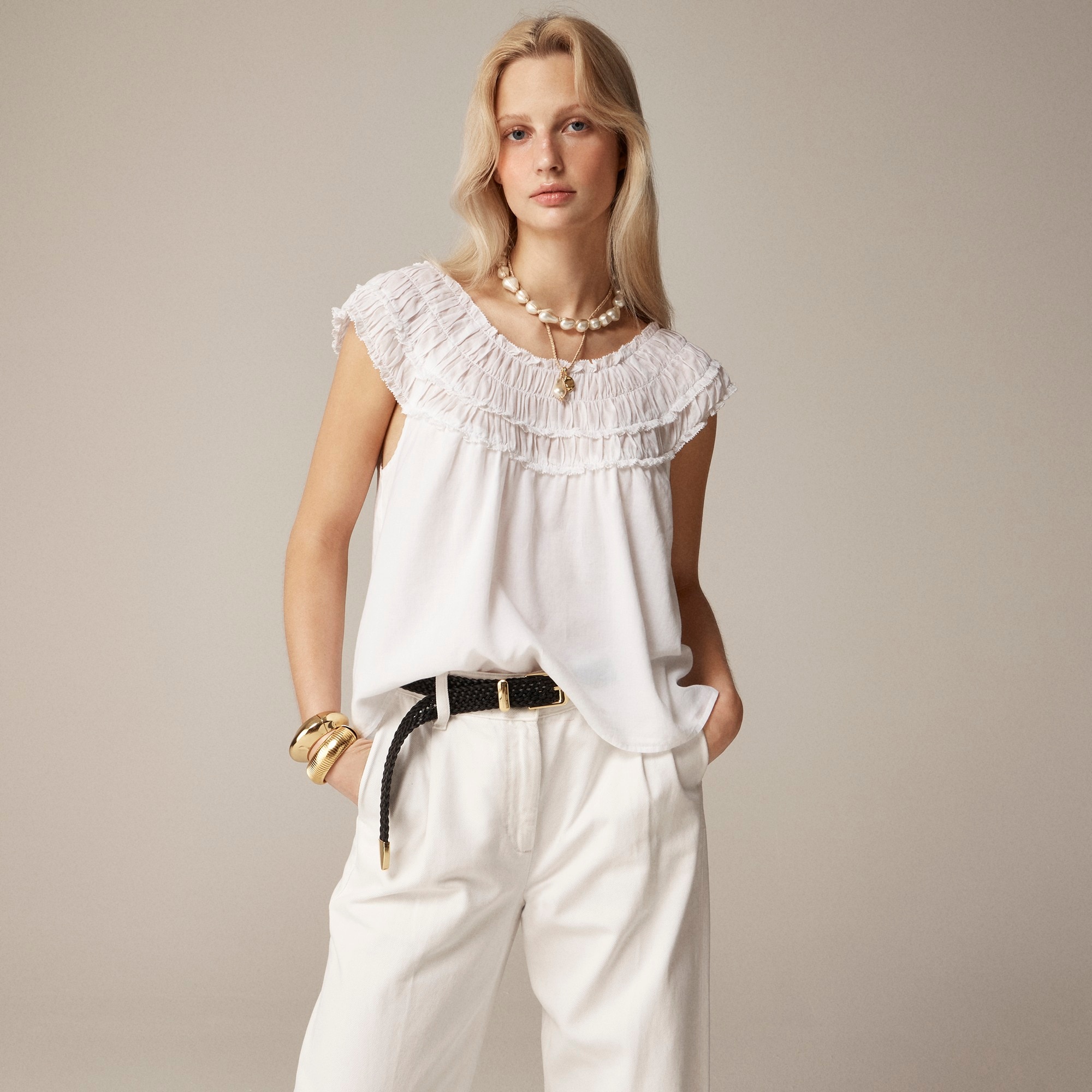  Smocked cap-sleeve top in cotton voile