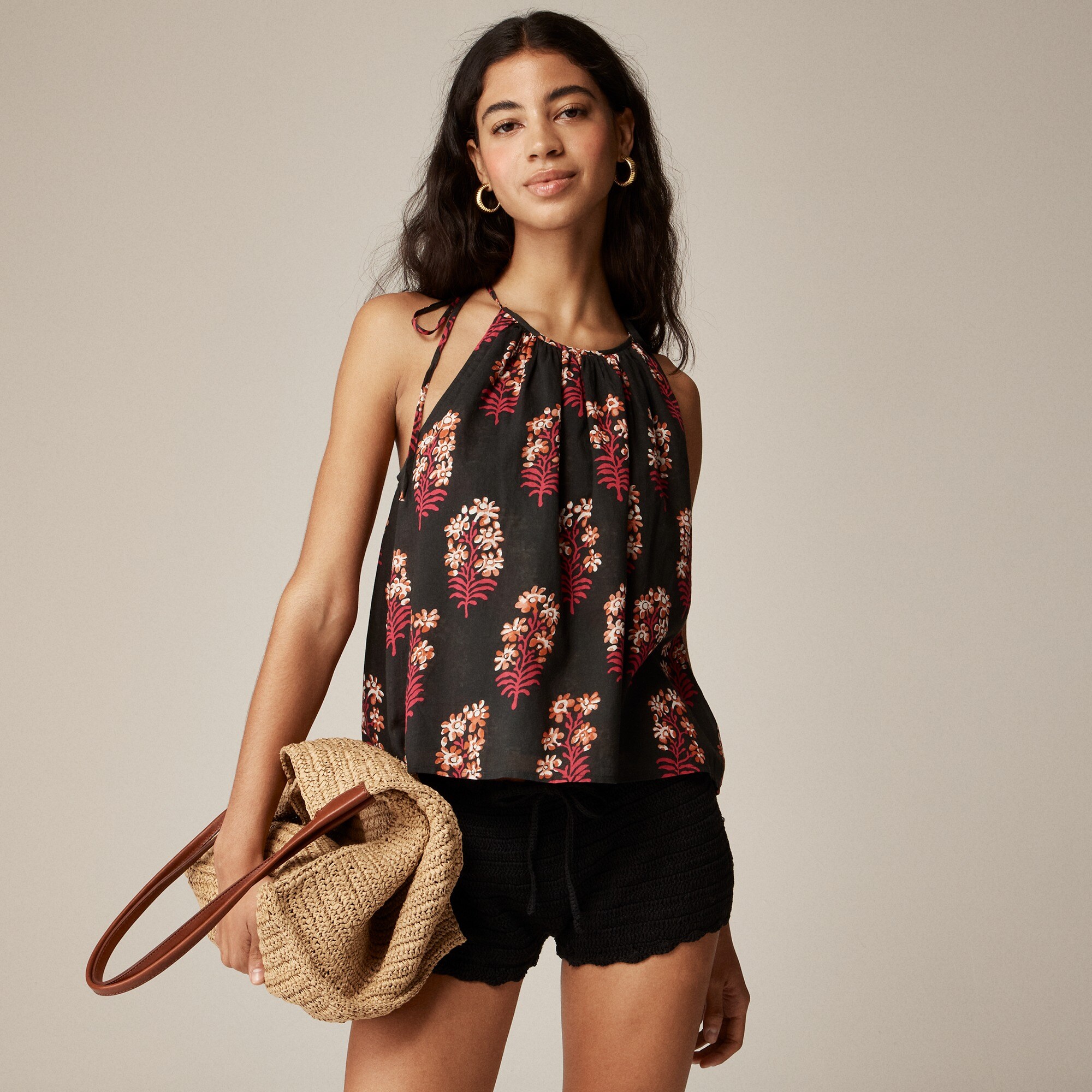 Tie-shoulder tank top in cocoa block-print cotton voile