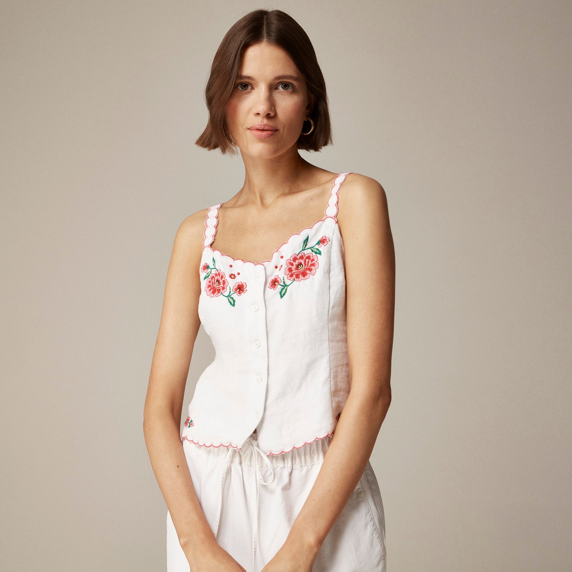  Embroidered tank top in linen