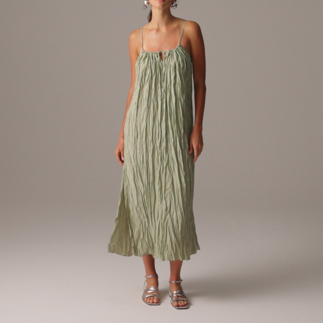 Crinkled Tiered Midi Dress with Bias Pockets