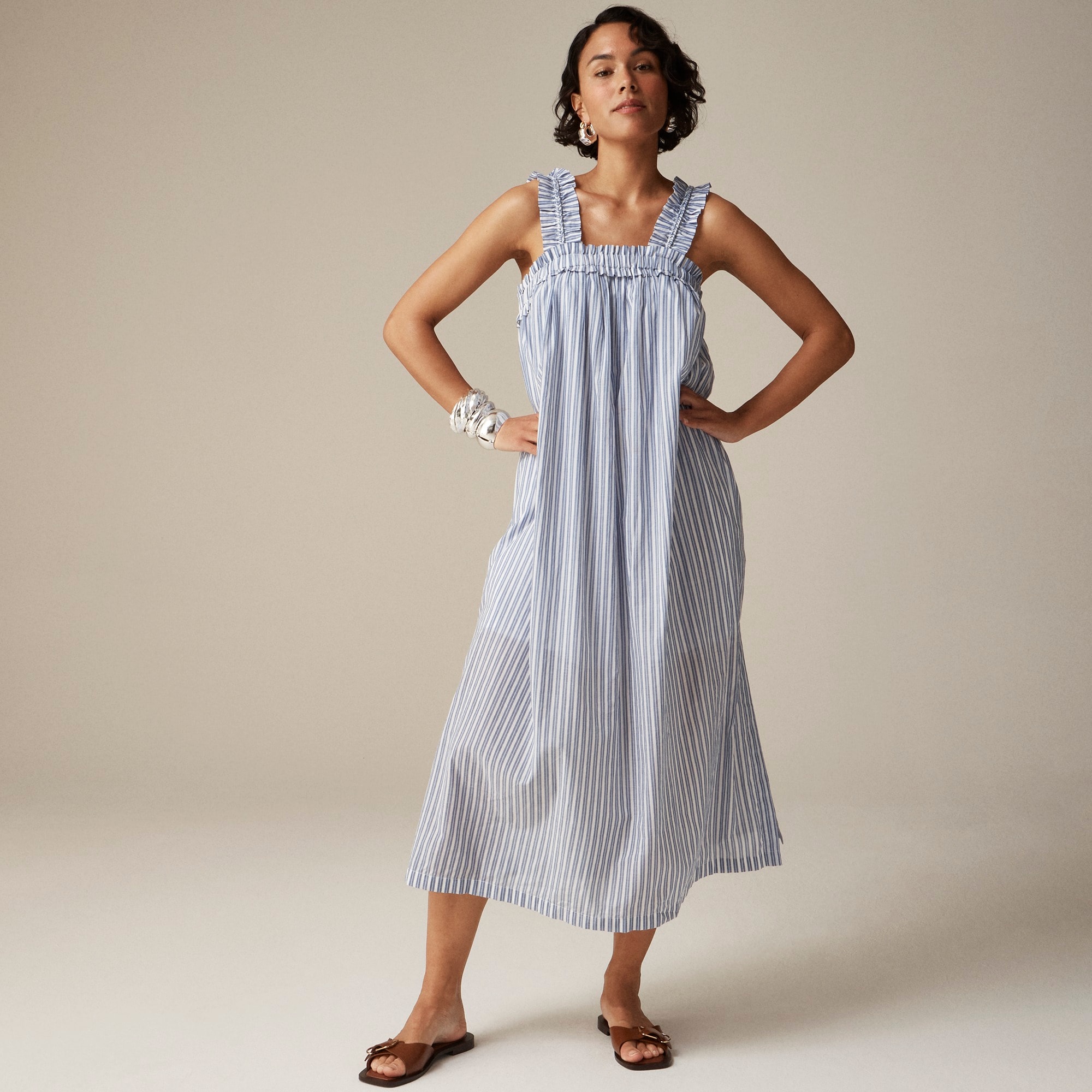 womens Cotton voile ruffle-trim shift dress in stripe