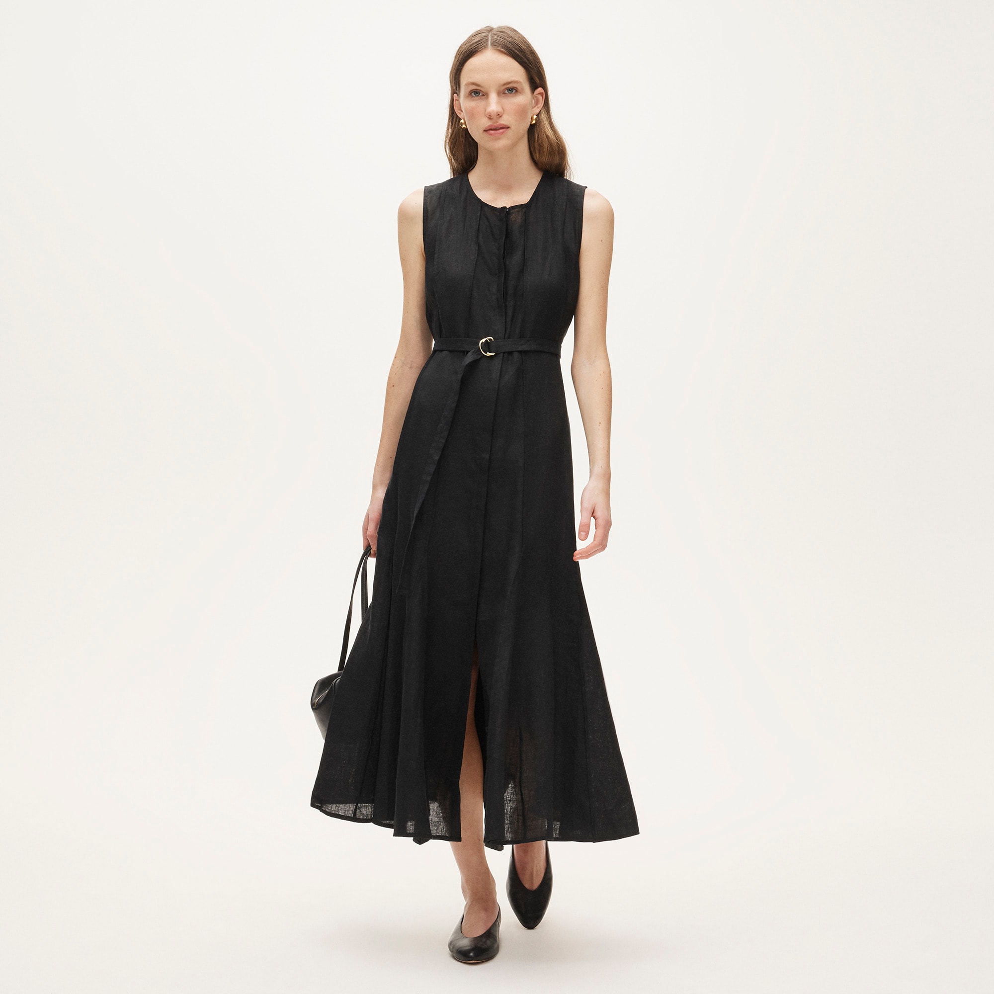 Seamed linen dress with removable belt