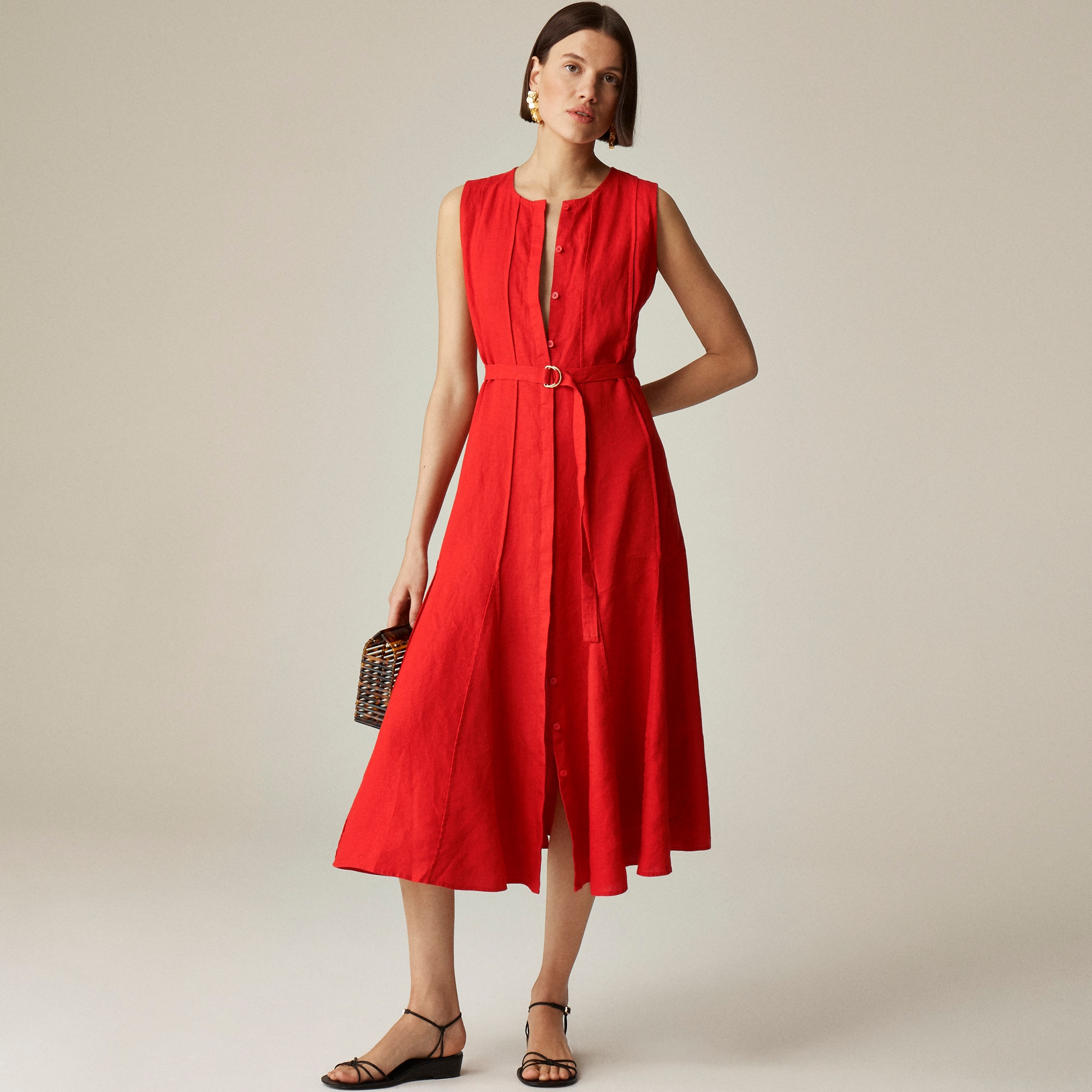 womens Seamed linen dress with removable belt
